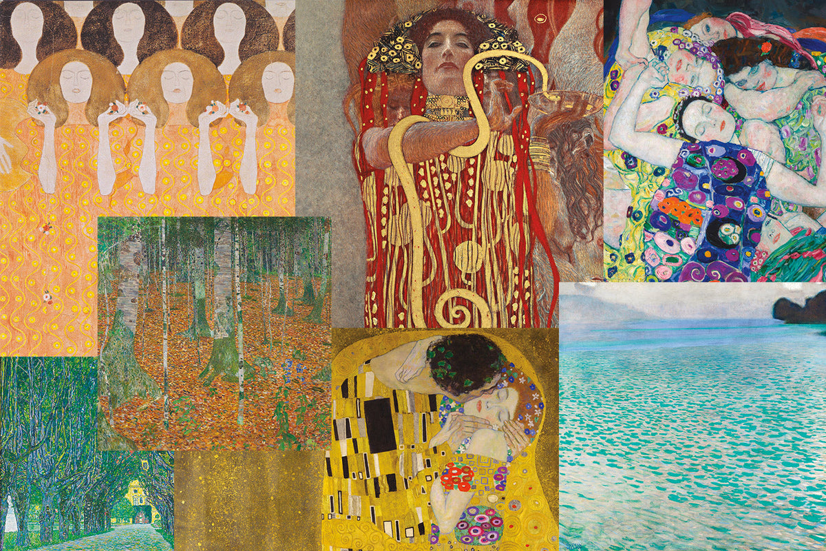 Patchwork of paintings by Gustav Klimt: the choir of angels from the Beethoven Frieze, Hygieia from Medicine, The Virgin, a birch forest, a tree-lined avenue, The Kiss and Lake Attersee