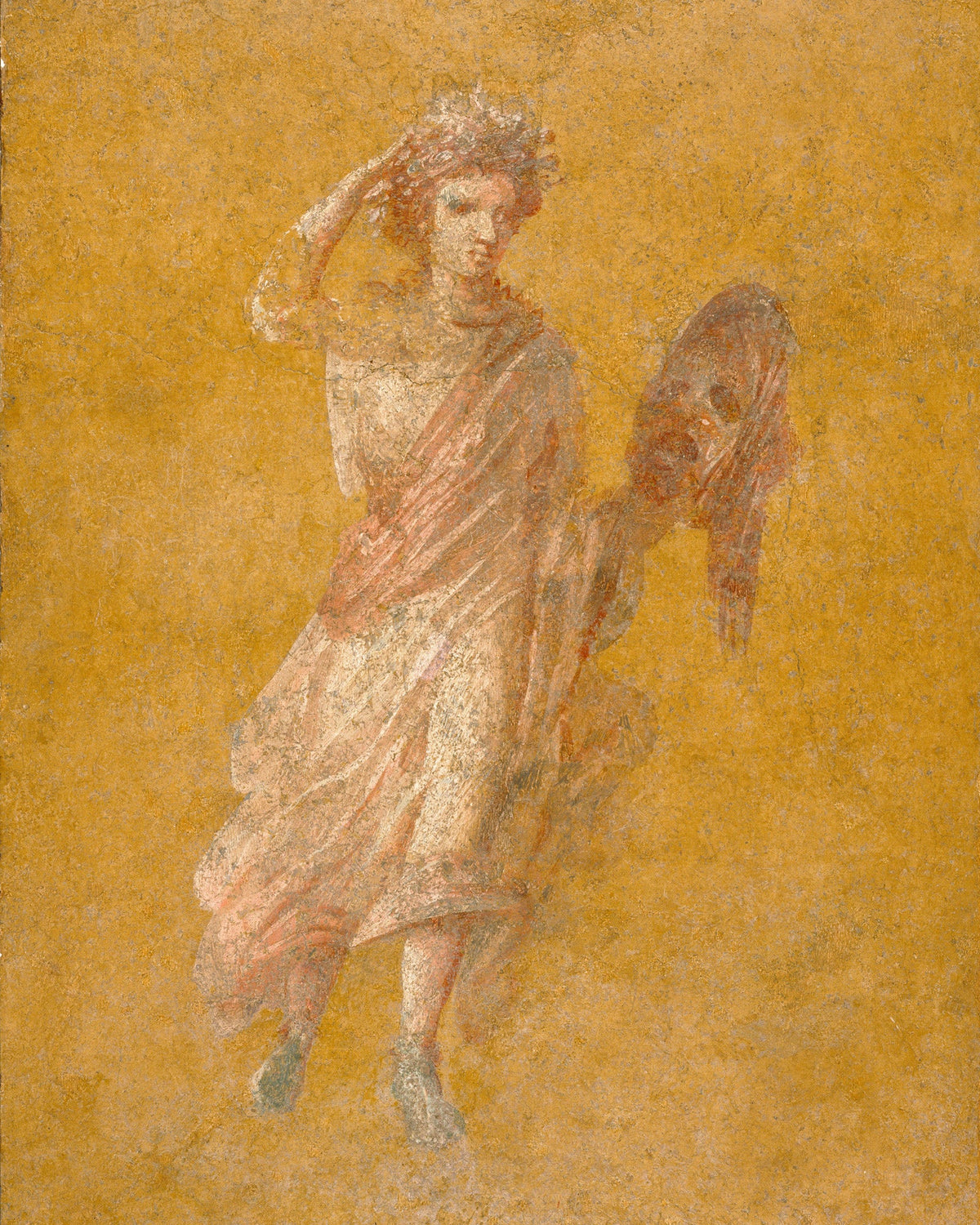 Roman fresco of the muse Melpomene holding a tragic theater mask, on a warm ochre yellow background
