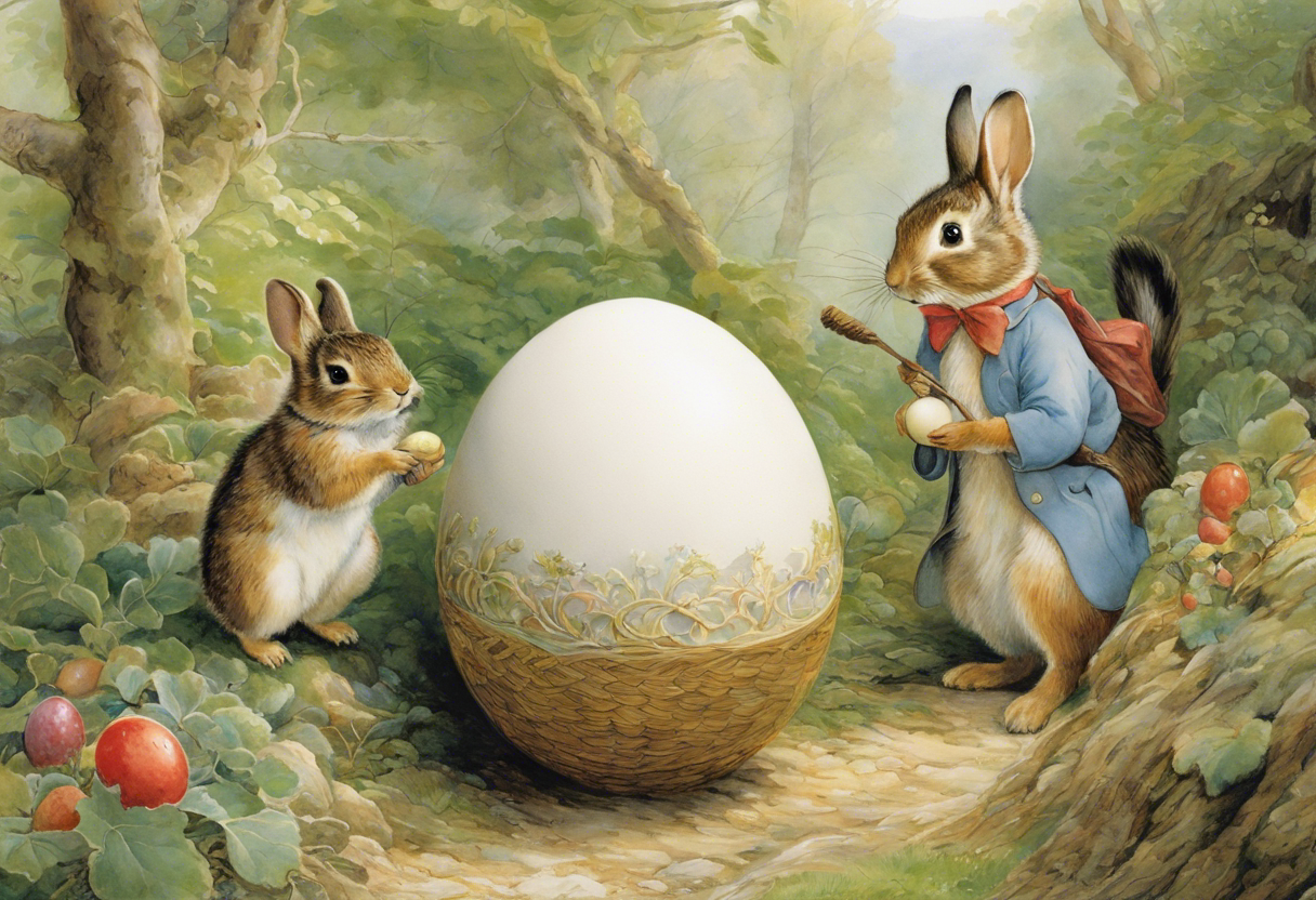 Easter print, delightful stories, refined British watercolours, Hares and Eggs