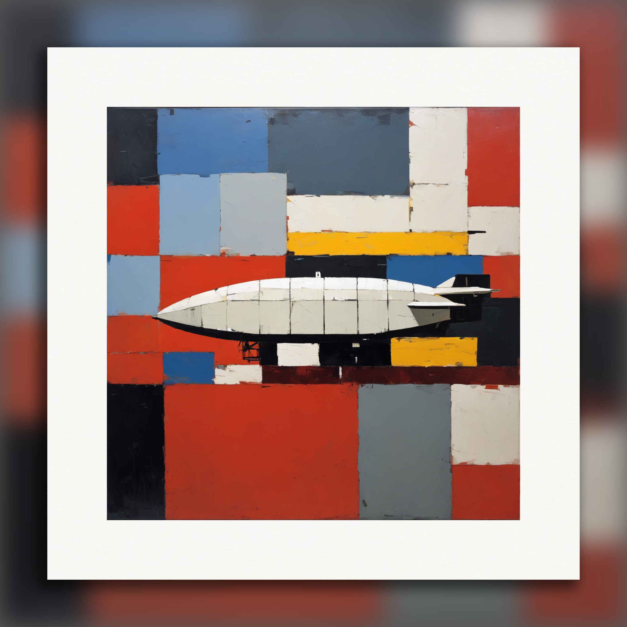 Abstract figurative art featuring bold, textured geometric forms alongside an airship – Print poster