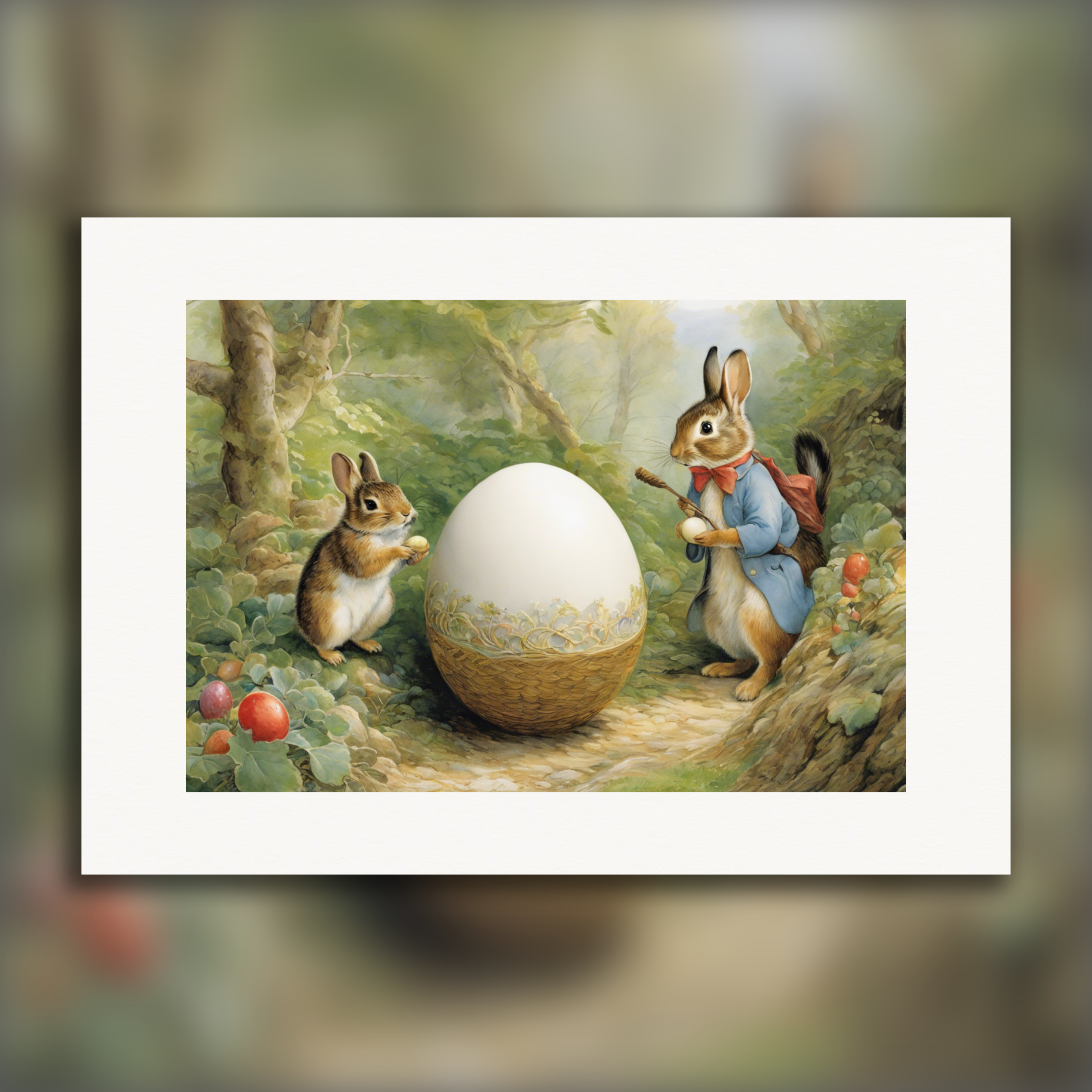 Easter print, delightful stories, refined British watercolours, Hares and Eggs