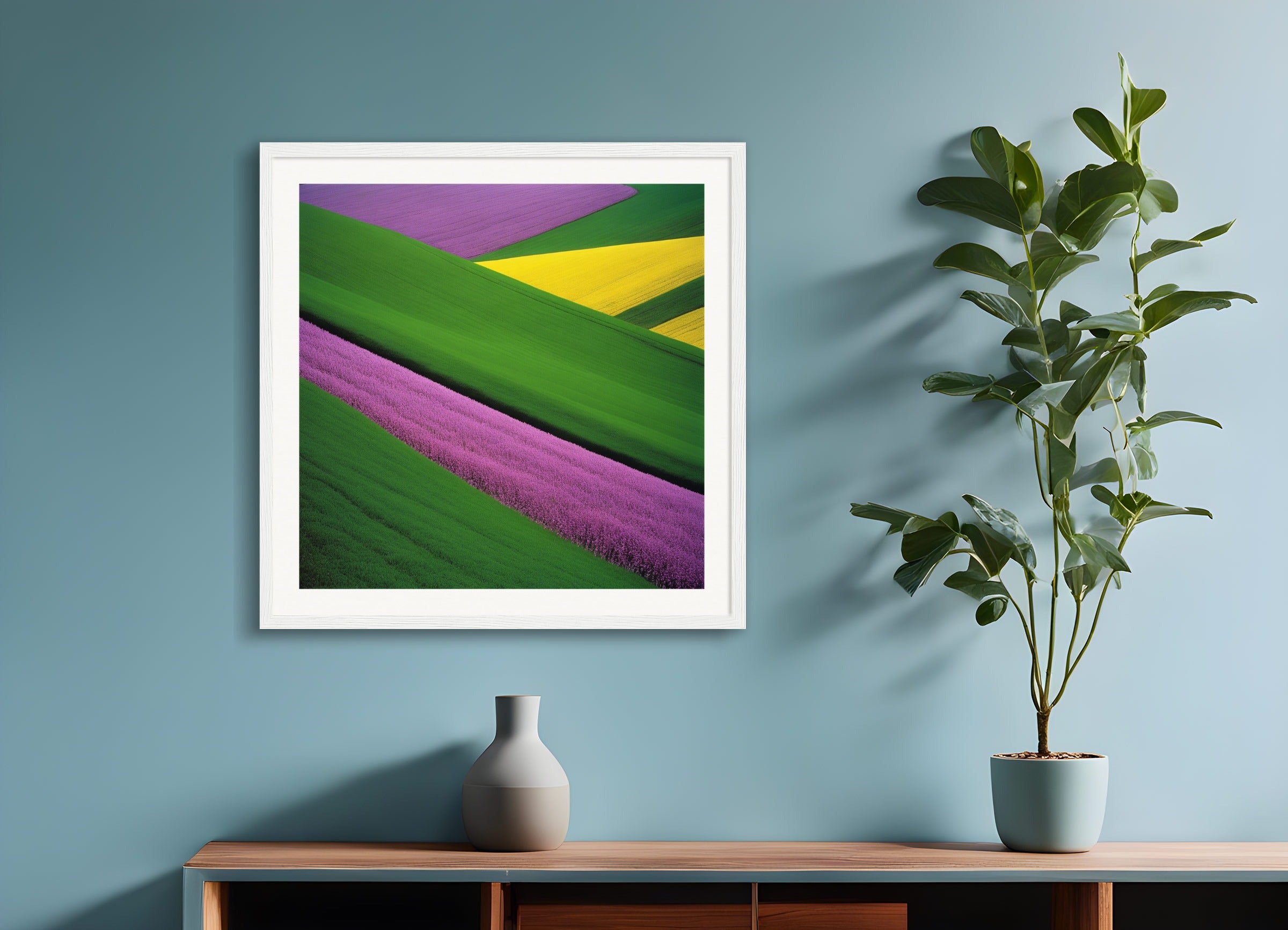 Poster with wood frame: Colorful and abstract images, capturing geometric compositions in landscapes,