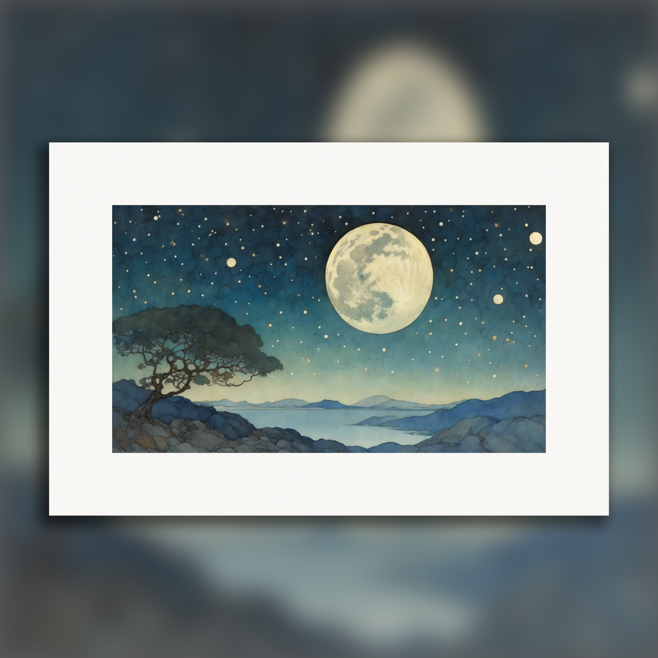 Captivating artwork, Moon beneath a starlit night sky – Print