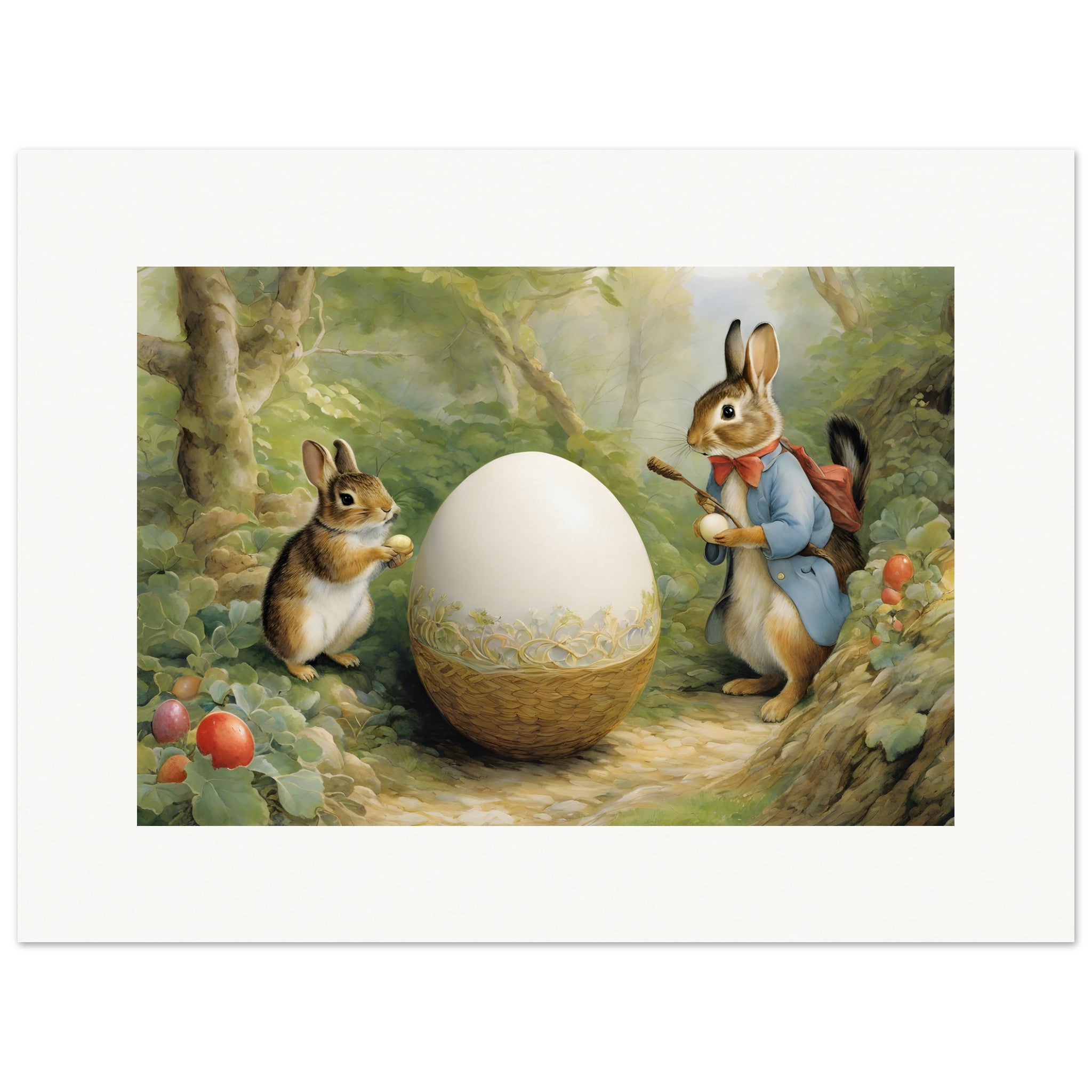 Easter print, delightful stories, refined British watercolours, Hares and Eggs