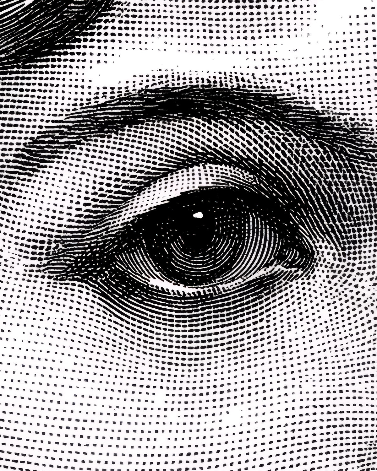 Black and white stippled close-up of a human eye with eyebrow and surrounding facial skin texture.