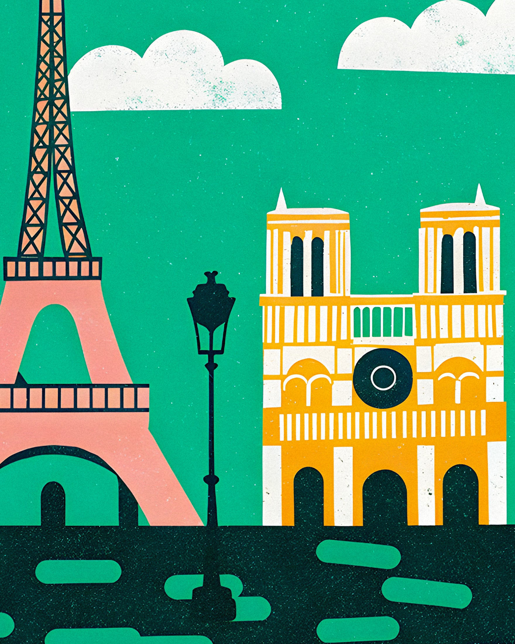 Contemporary Artistic Print Featuring the Eiffel Tower and Notre-Dame – Paris Wall Art
