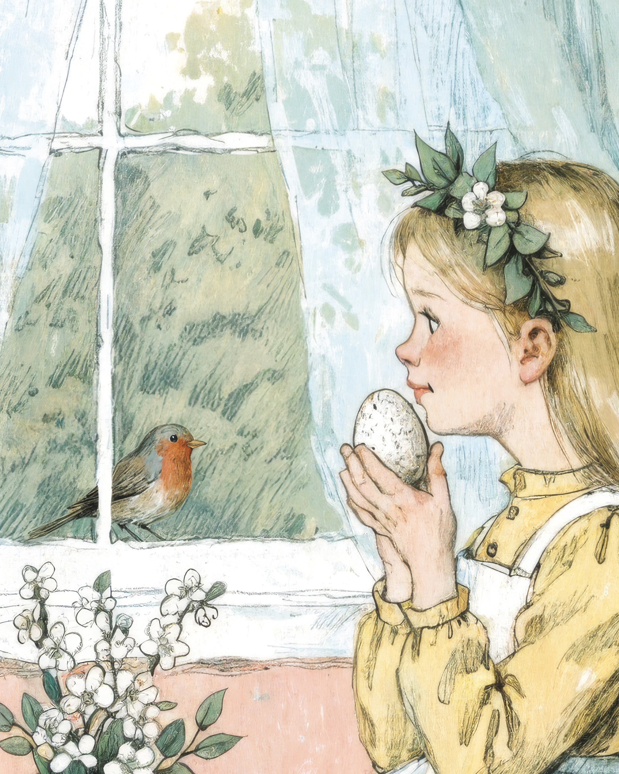 Easter Morning by the Window: Girl, Bunny and Robin Print