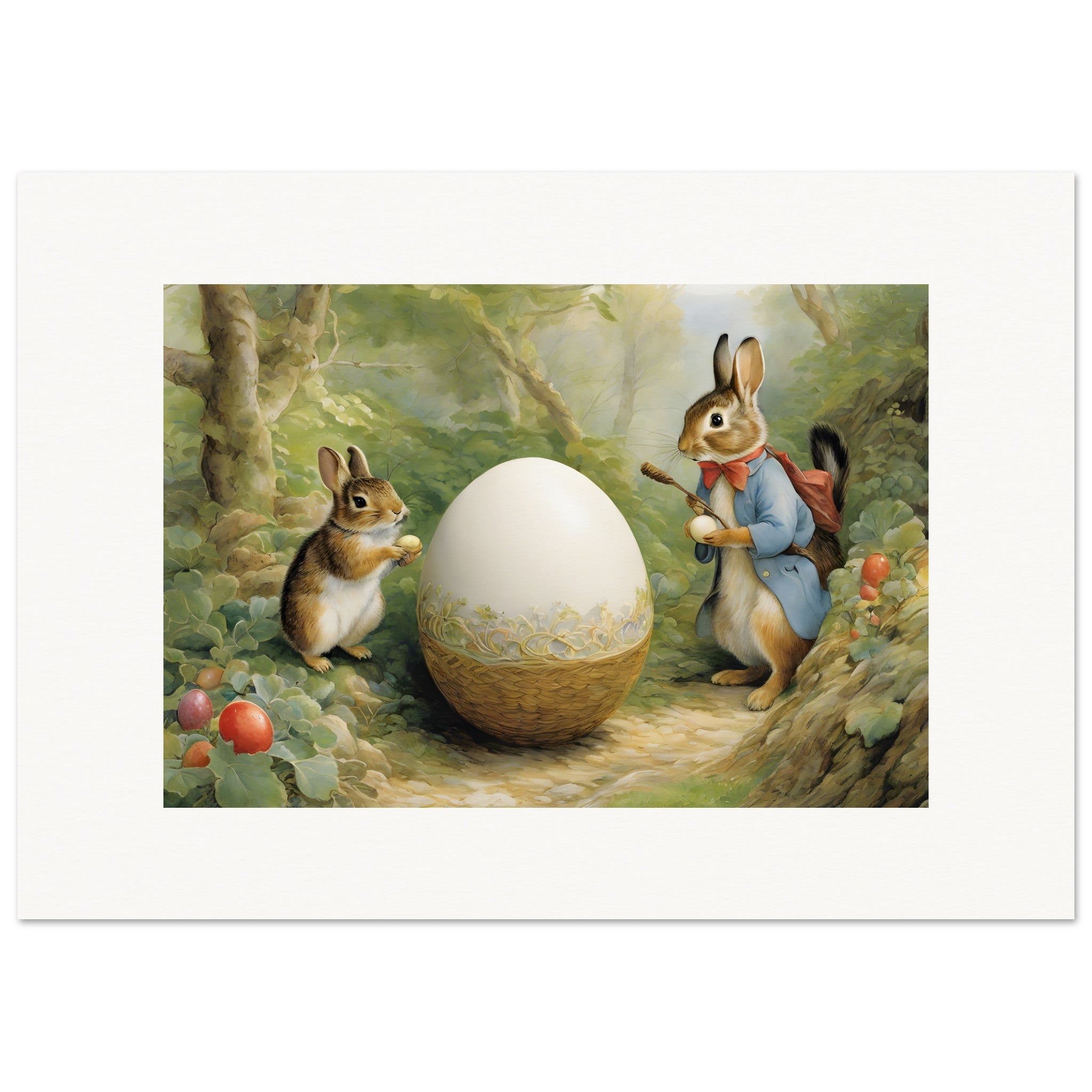 Easter print, delightful stories, refined British watercolours, Hares and Eggs