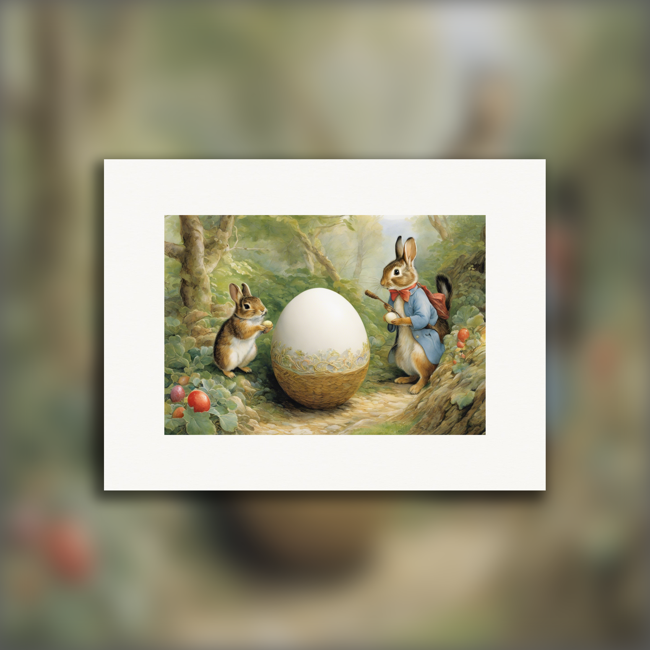 Easter print, delightful stories, refined British watercolours, Hares and Eggs