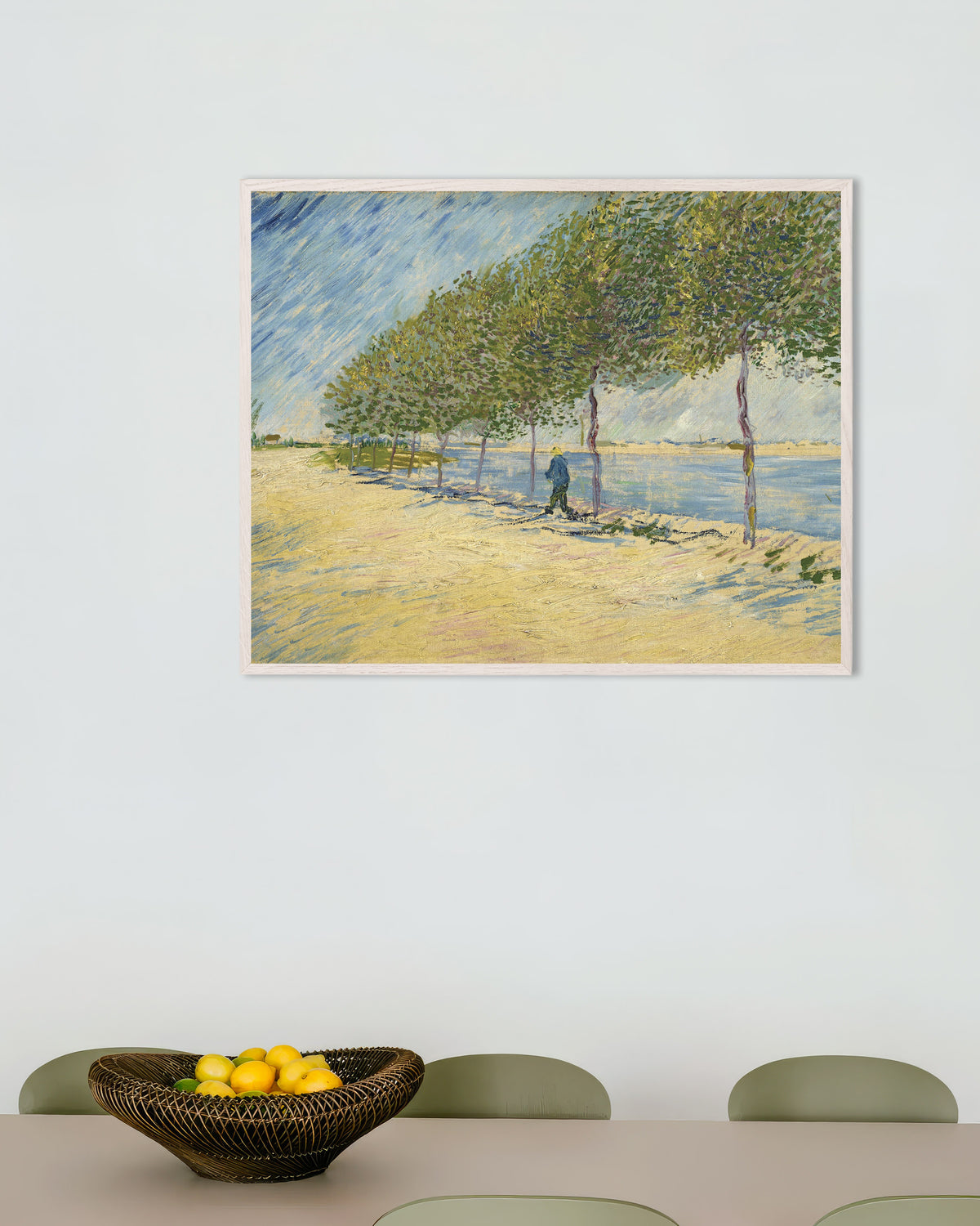 Poster of Along the Seine (1887) by Vincent van Gogh, with white wooden frame