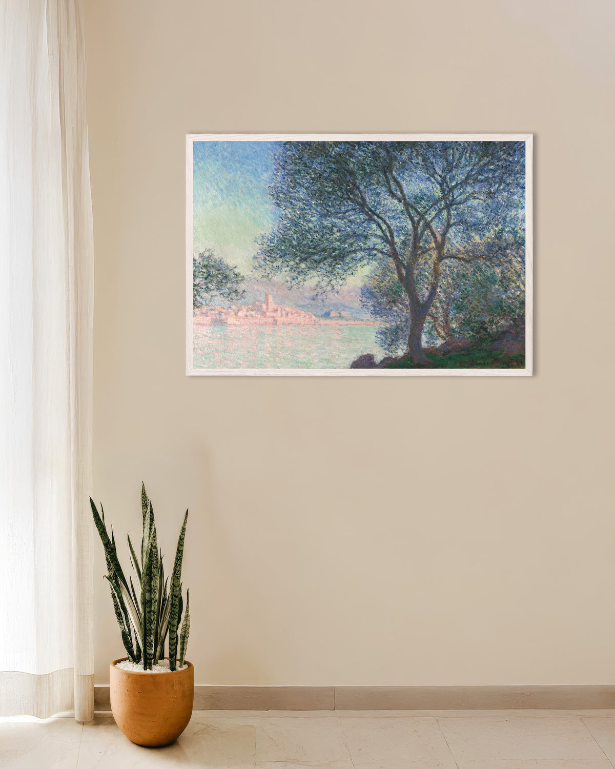 Poster of Antibes Seen from La Salis (1888) by Claude Monet, with white wooden frame