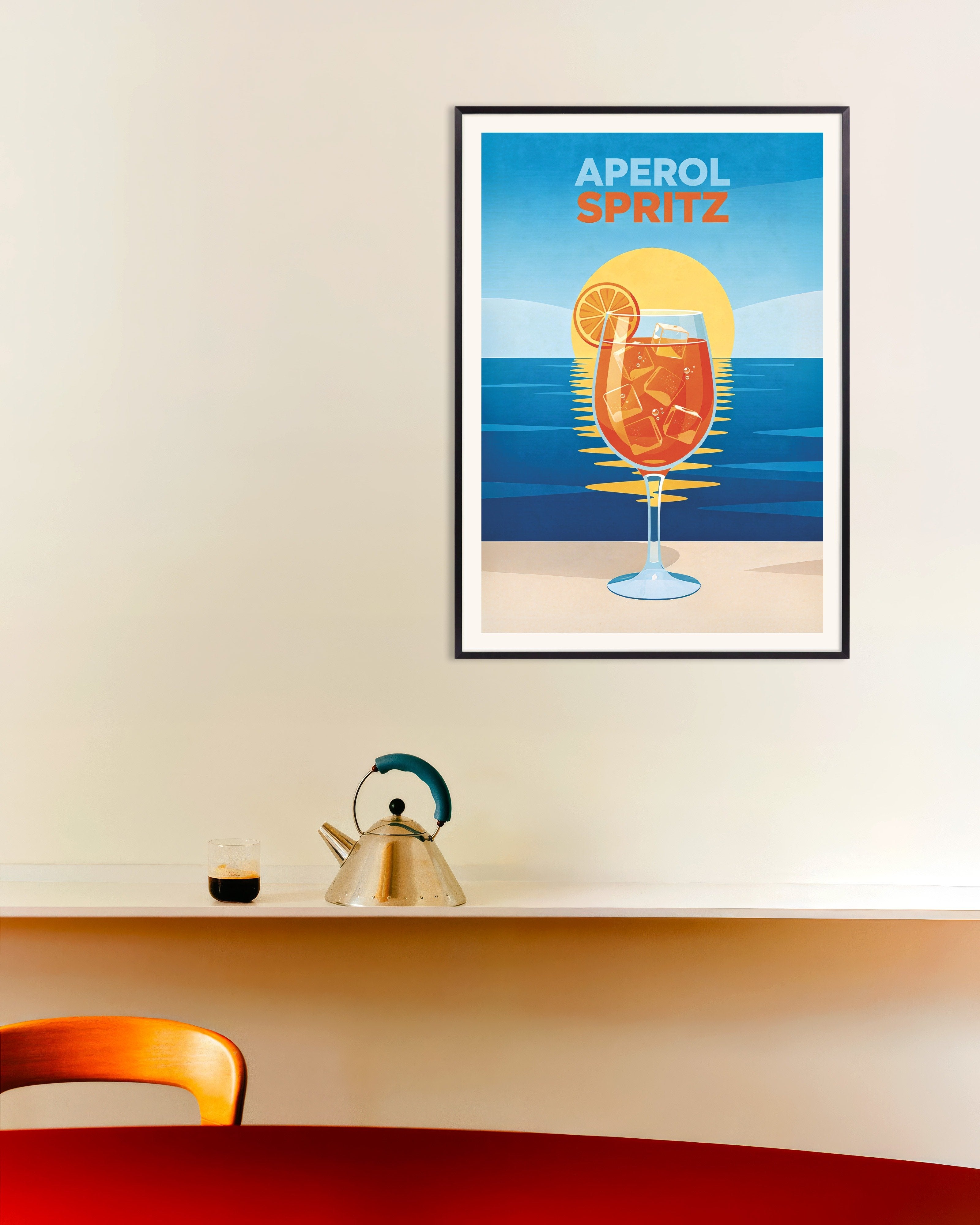 Poster of Aperol Spritz at Sunset - Modern Cocktail Poster, with metal frame