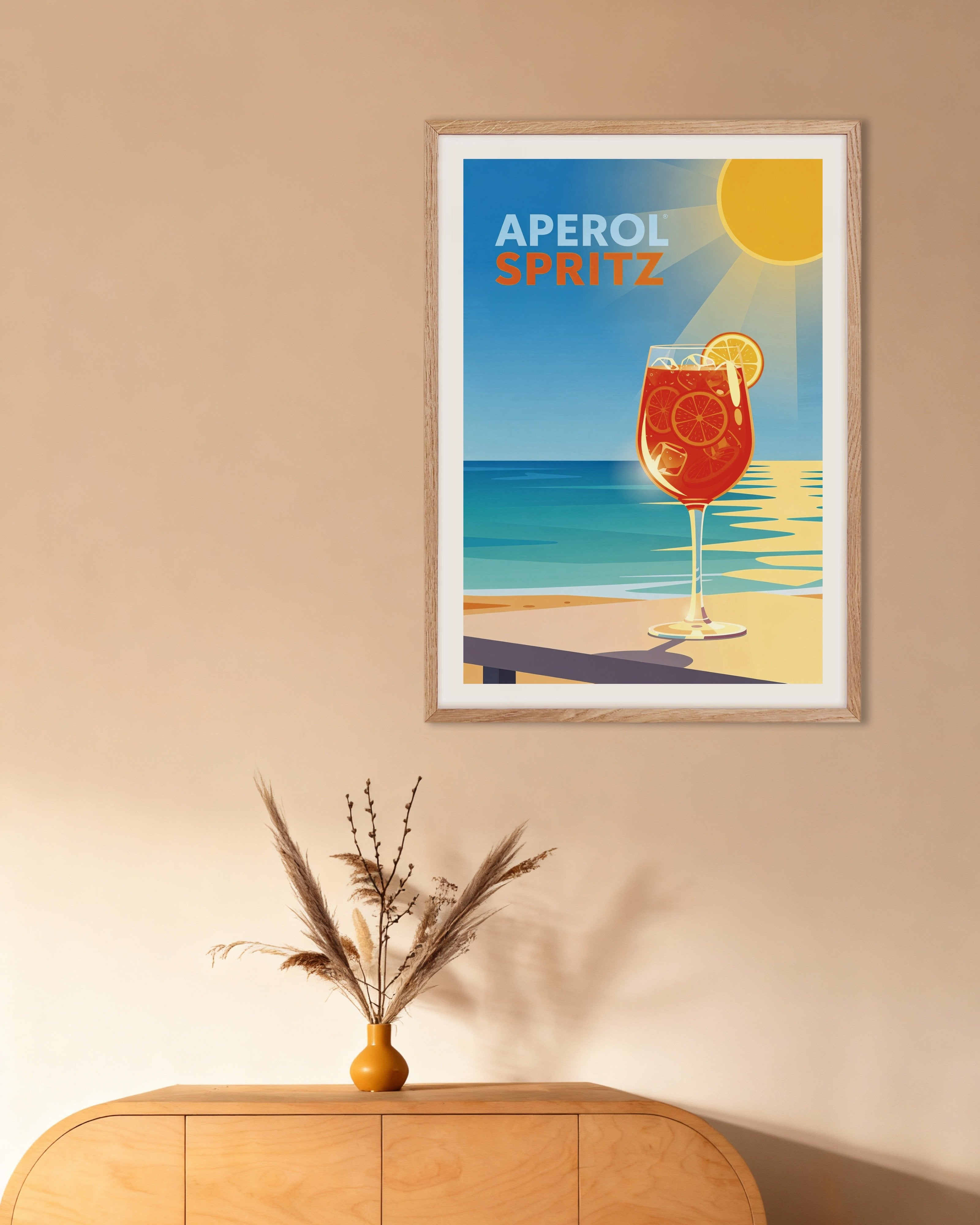Poster of Aperol Spritz Poster - The Coast, with natural wooden frame