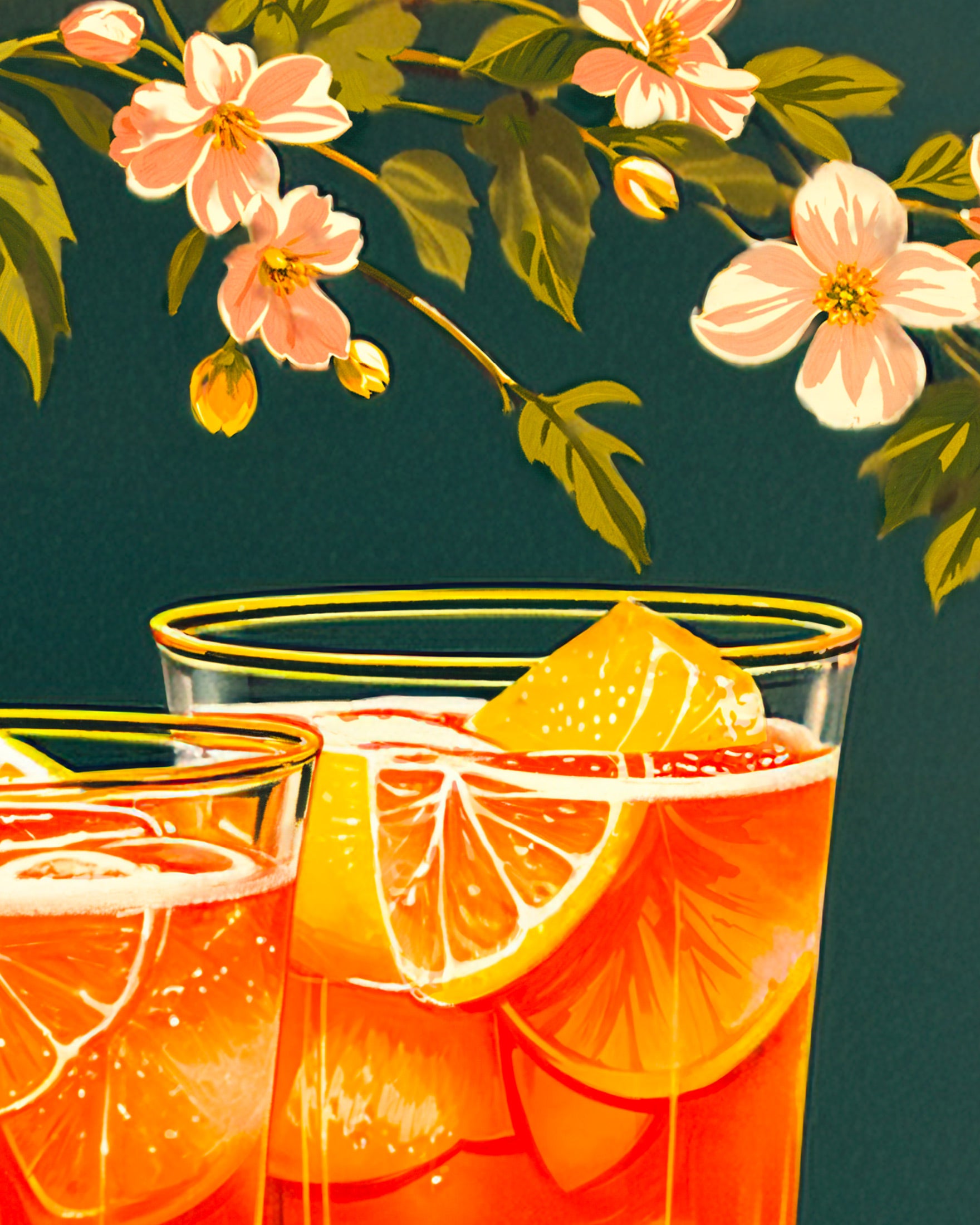 Two glasses of spritz with lemon slices on a dark green background with floral elements.