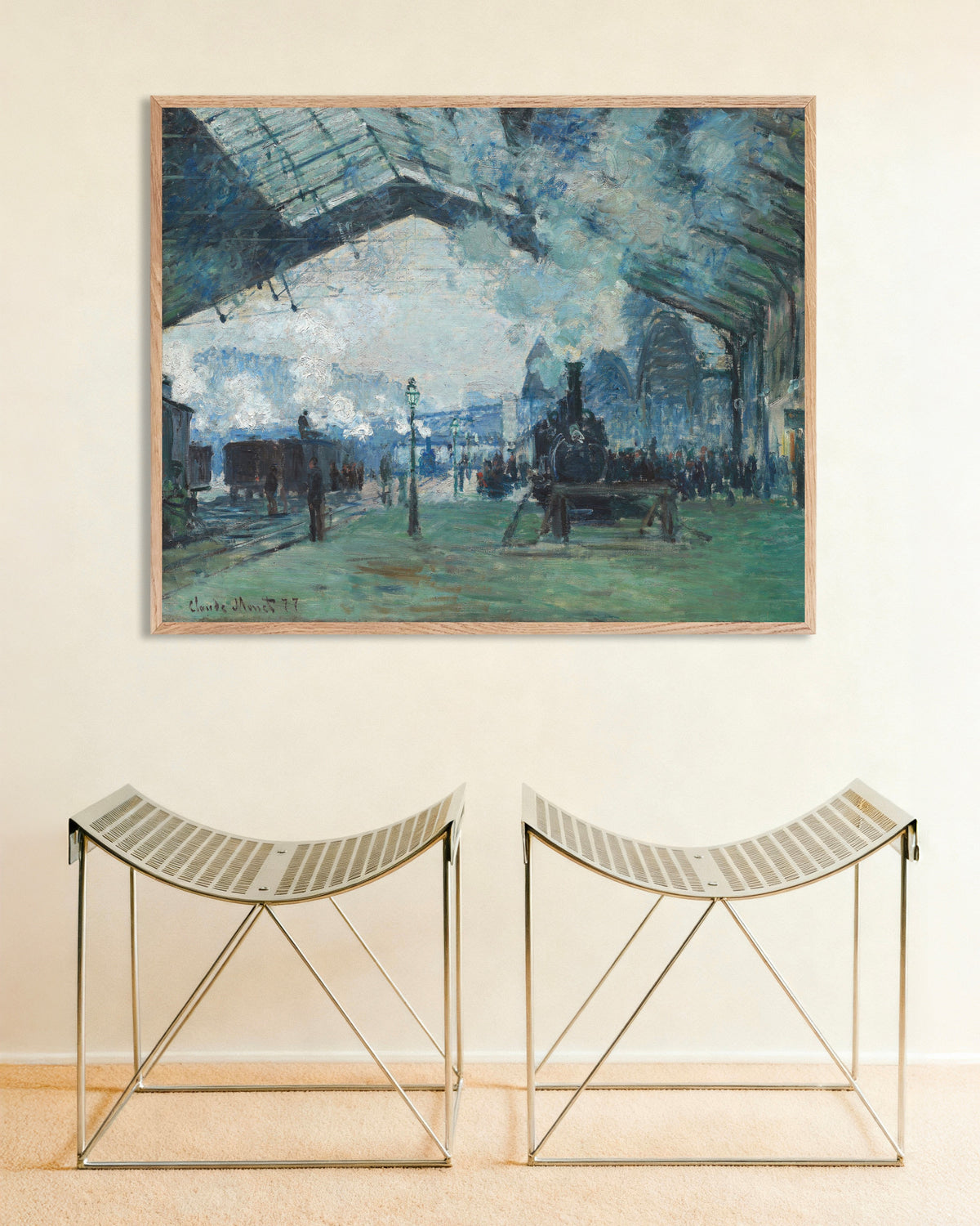 Poster of Arrival of the Normandy Train, Gare Saint-Lazare (1877) by Claude Monet, with natural wooden frame