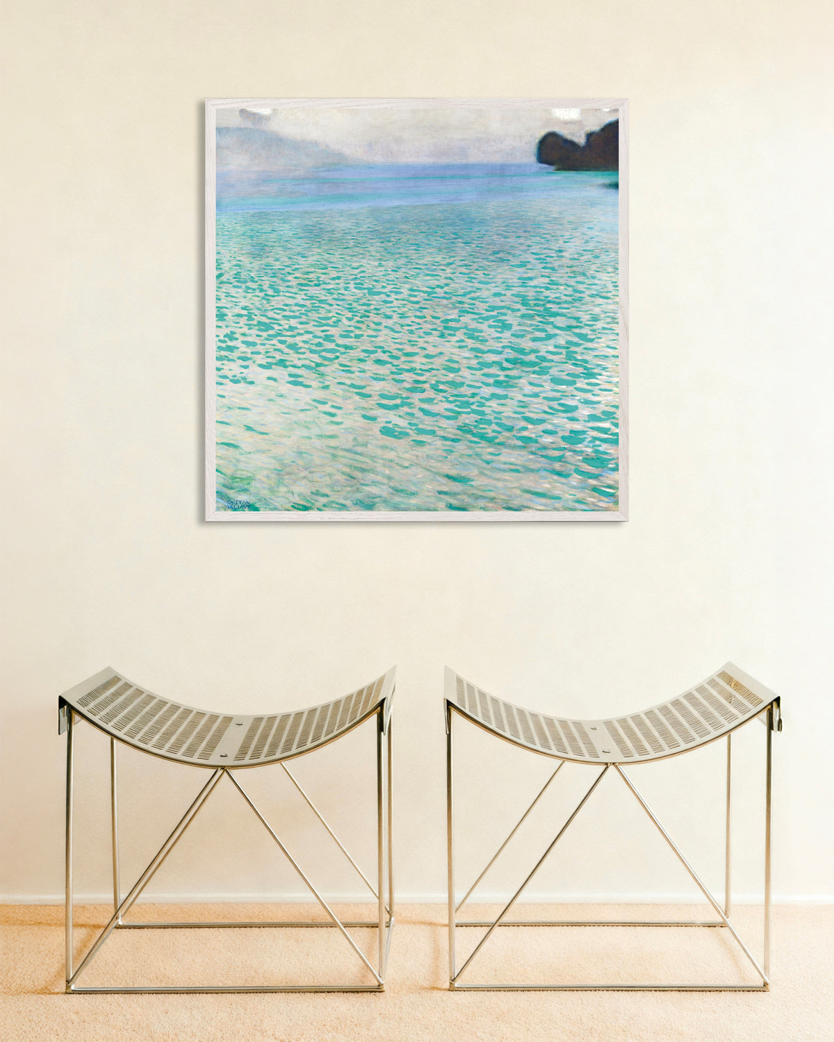Poster of Attersee (1900) by Gustav Klimt, with white wooden frame