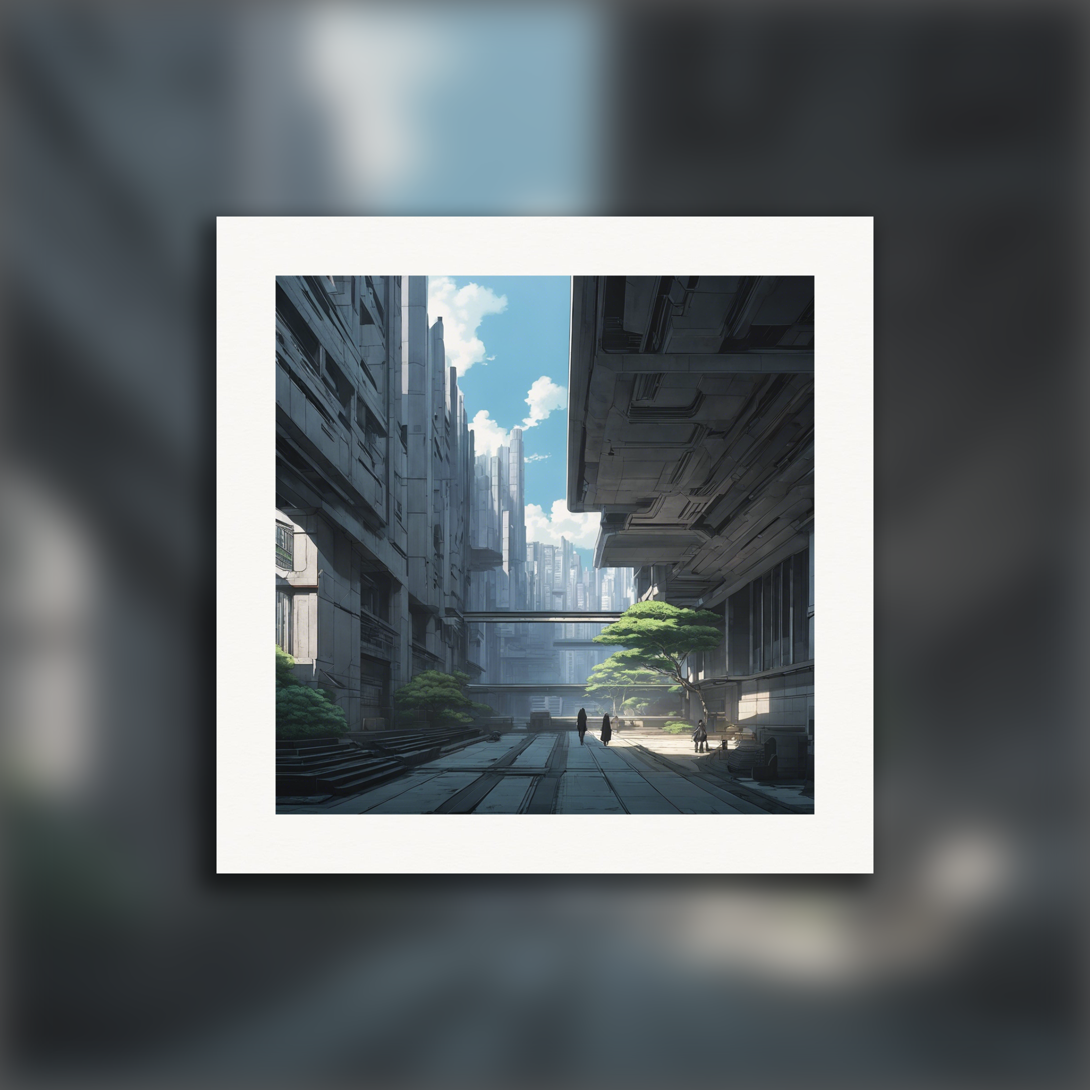 Spectral figure within the shell, Brutalist design, urban landscape – Print