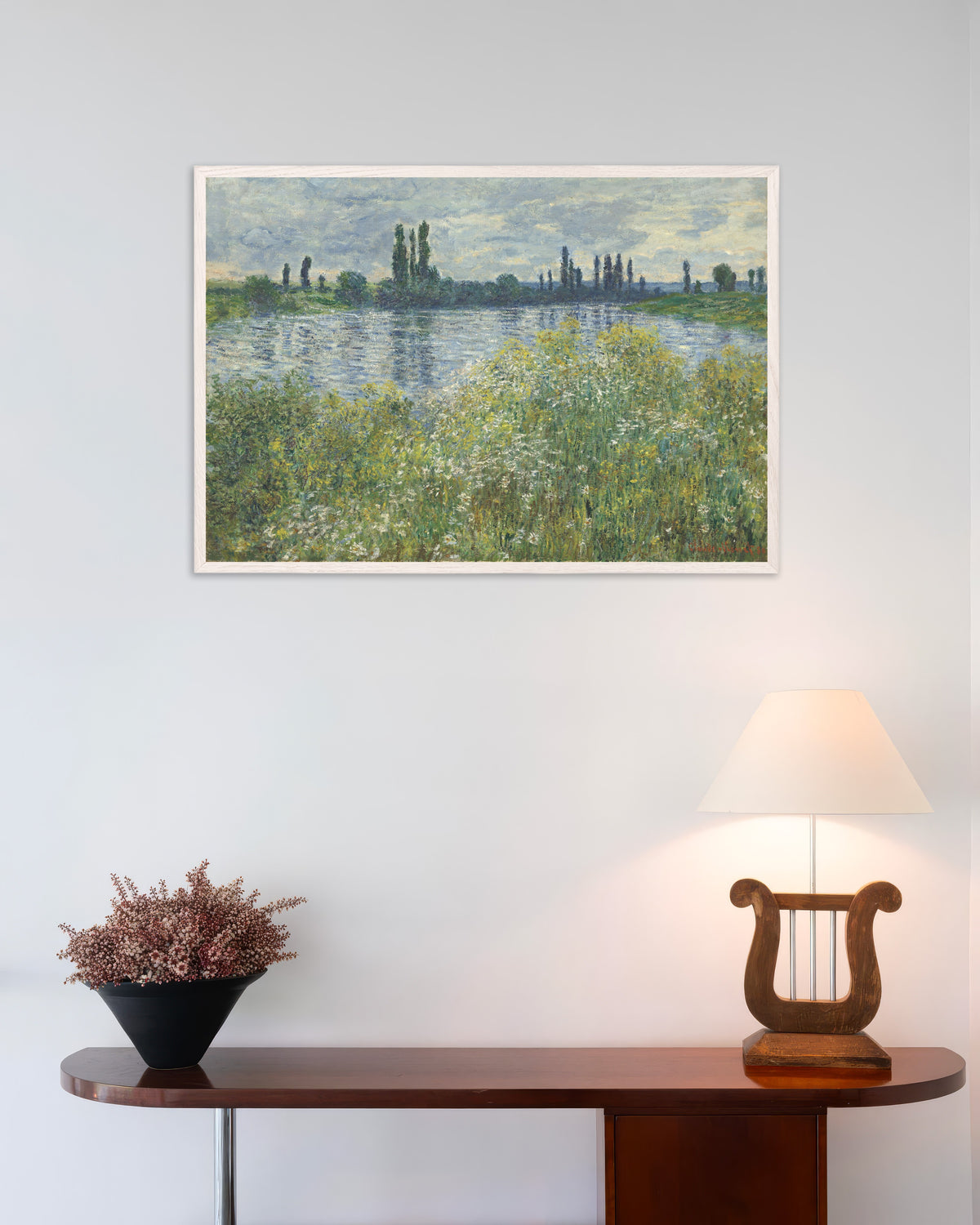 Poster of Banks of the Seine, Vétheuil (1880) by Claude Monet, with white wooden frame