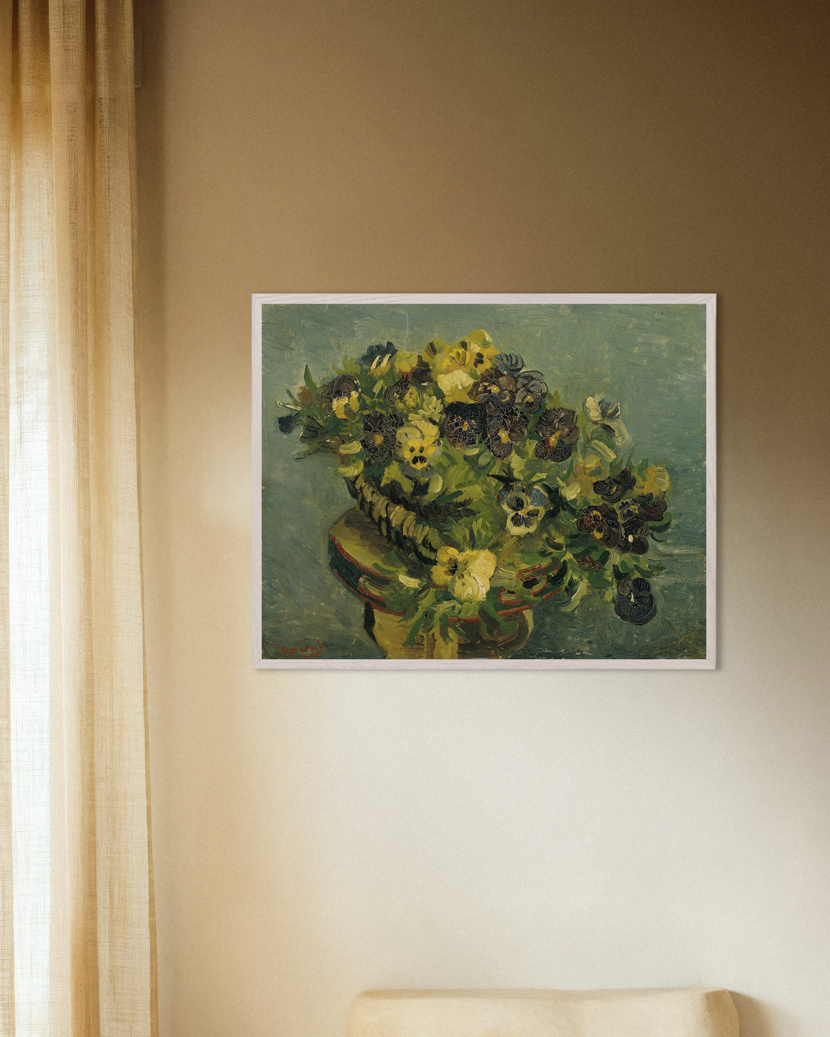 Poster of Basket of Pansies on a Small Table (1887) by Vincent van Gogh, with white wooden frame