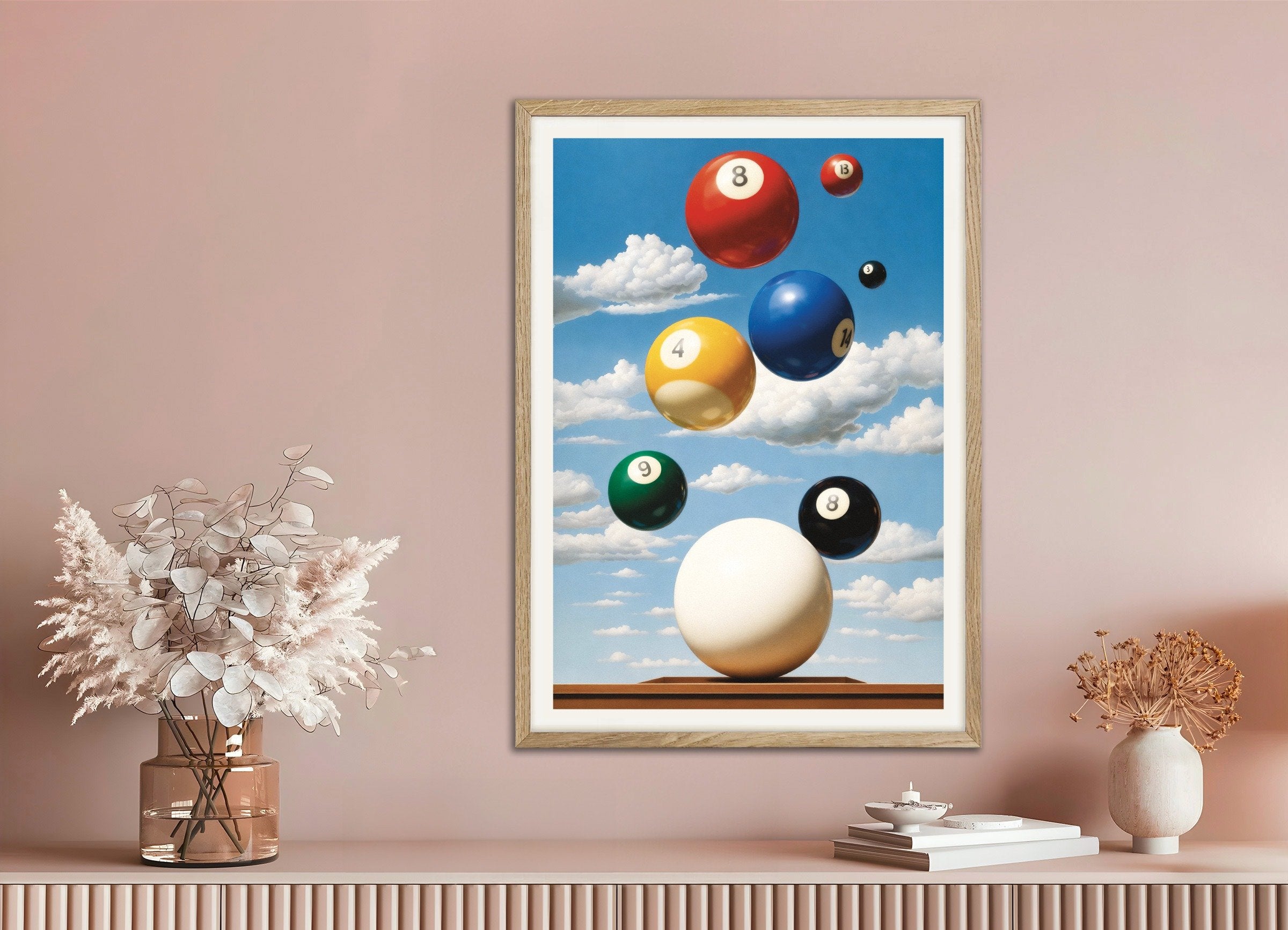 Poster of Billiard balls poster – Surreal sports art print, with natural wooden frame