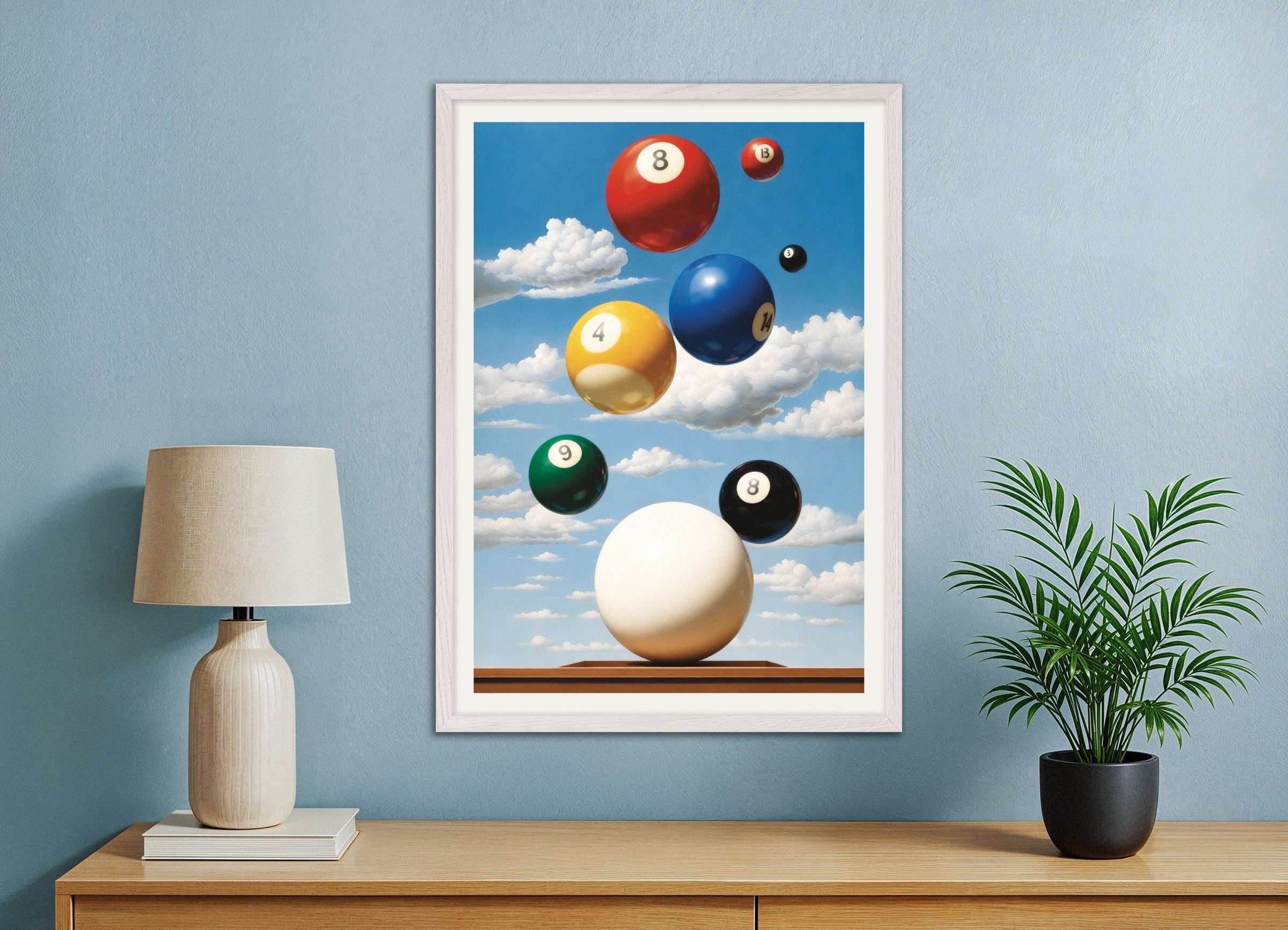 Poster of Billiard balls poster – Surreal sports art print, with white wooden frame