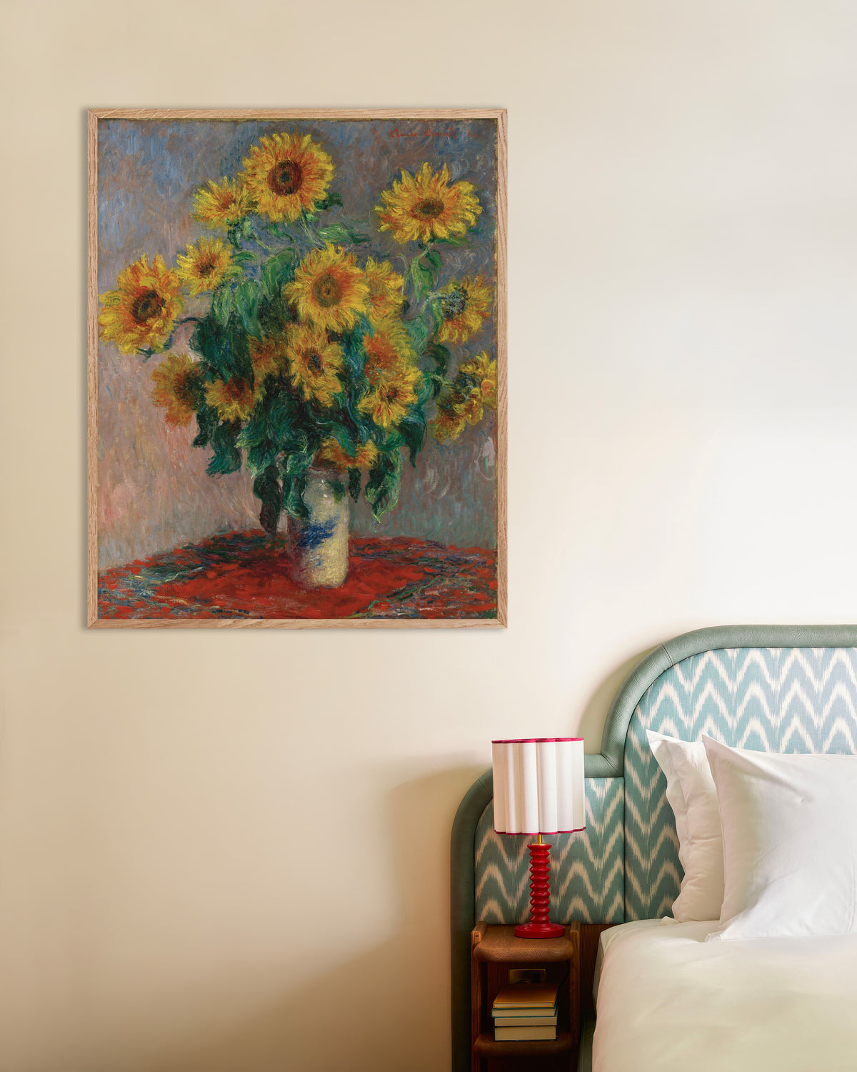 Poster of Bouquet of Sunflowers (1881) by Claude Monet, with natural wooden frame