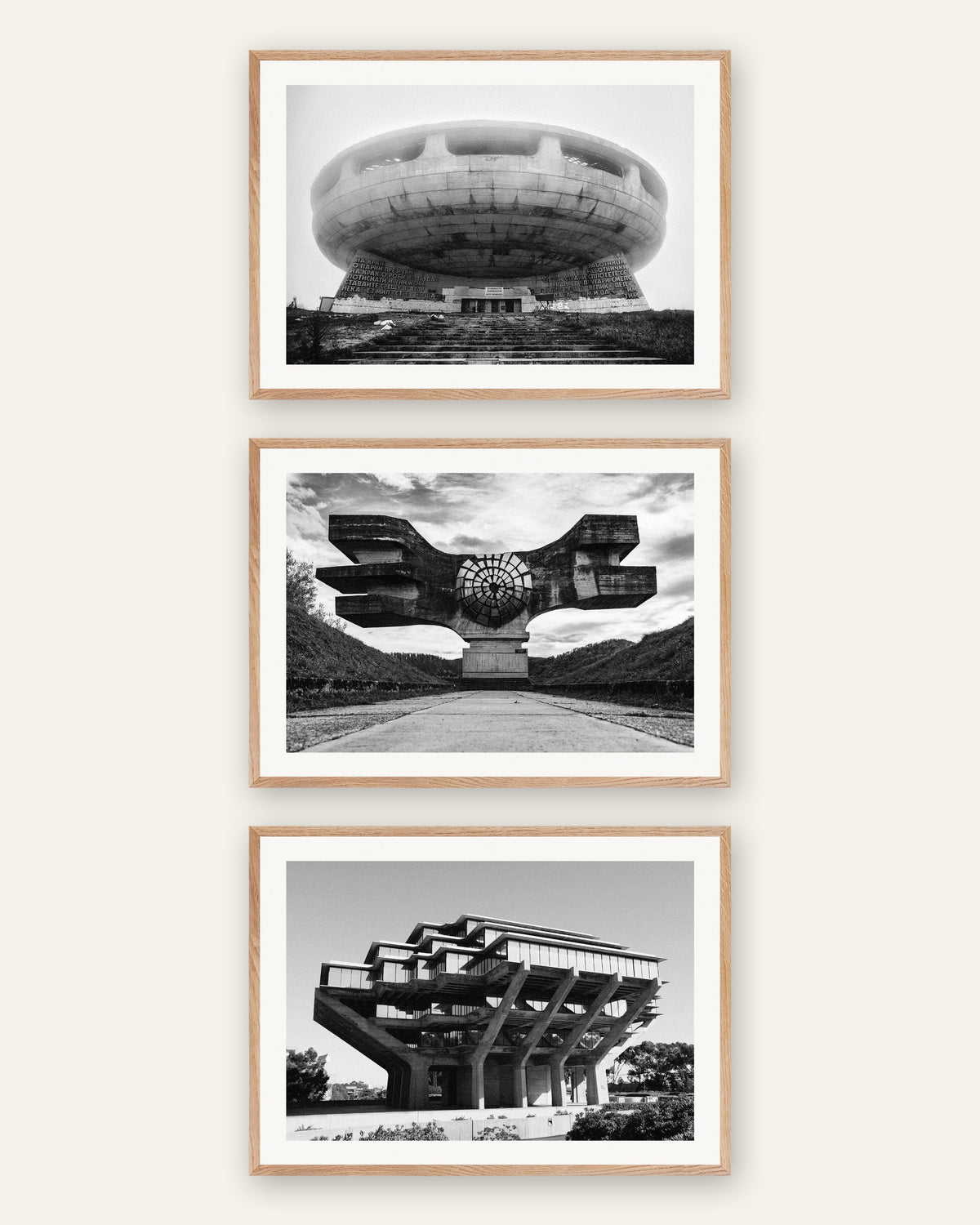 Brutalist Posters Set of 3 – Concrete Landmarks, prints in natural oak frames