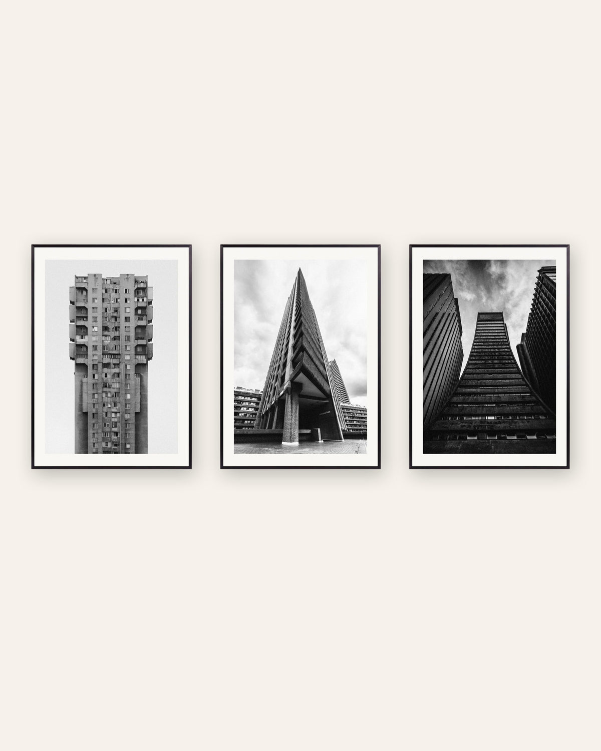 Brutalist Posters Set of 3 – Concrete Towers, prints in black metal frames