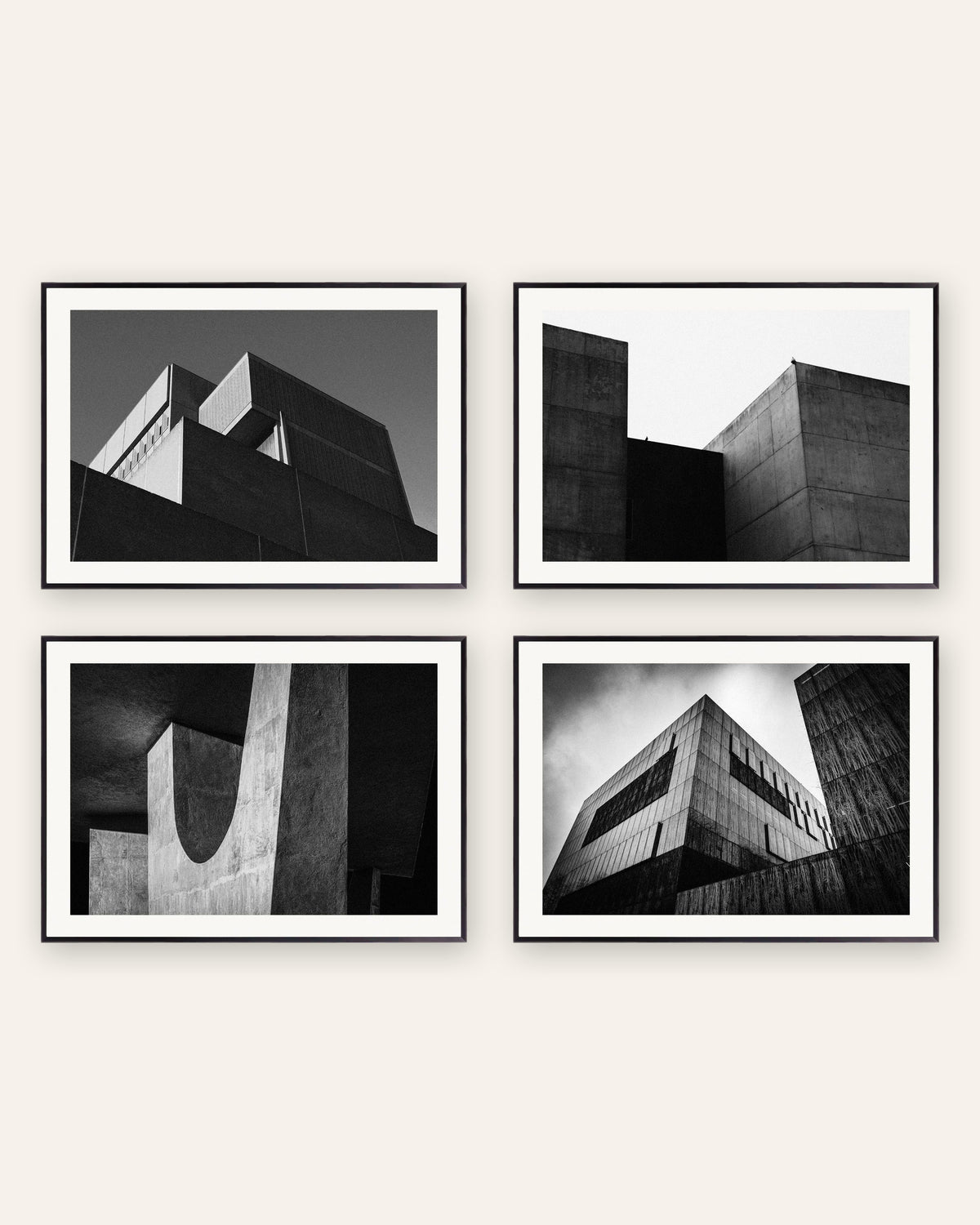 Brutalist Posters Set of 4 – Minimal Concrete Volumes, prints in black metal frames