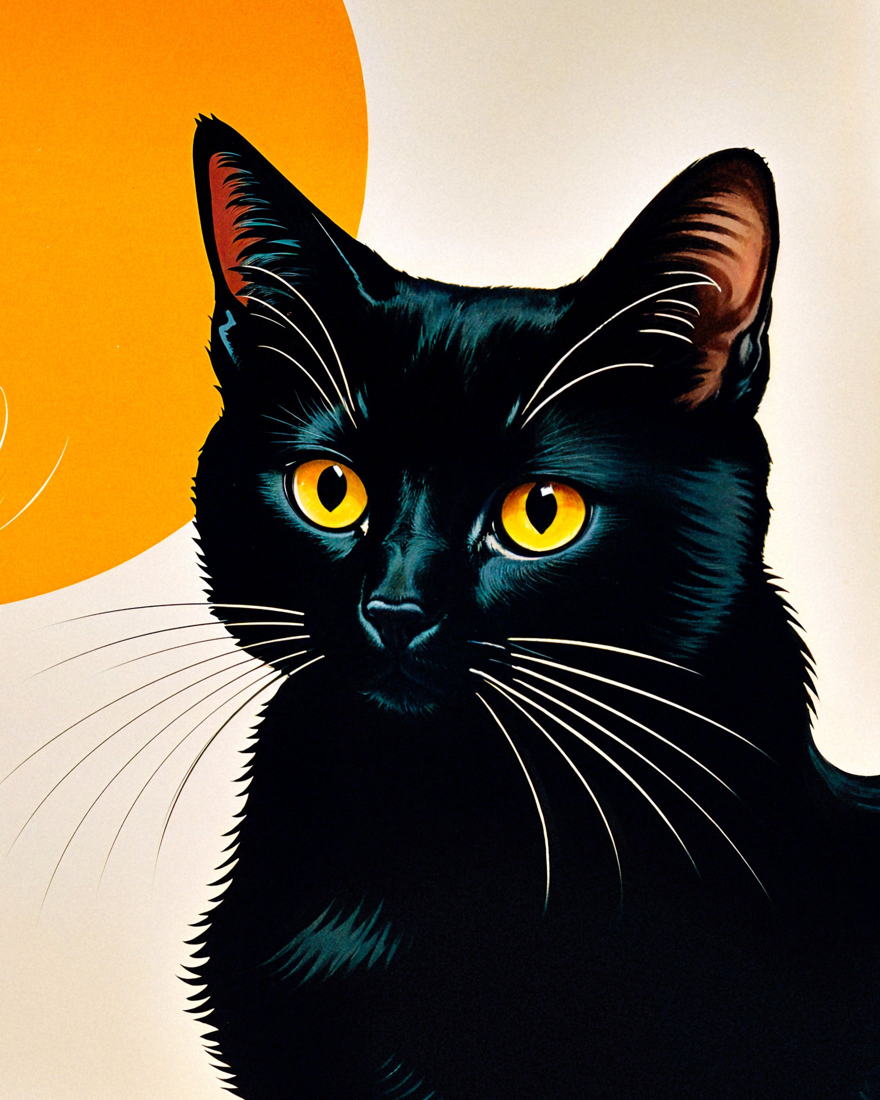 Vintage Japanese print featuring a black cat and a cup of tea