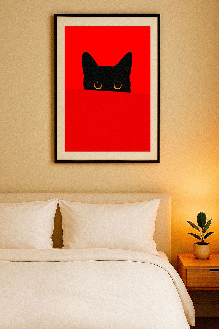Feline Peering Over a Crimson Brickwork – Print
