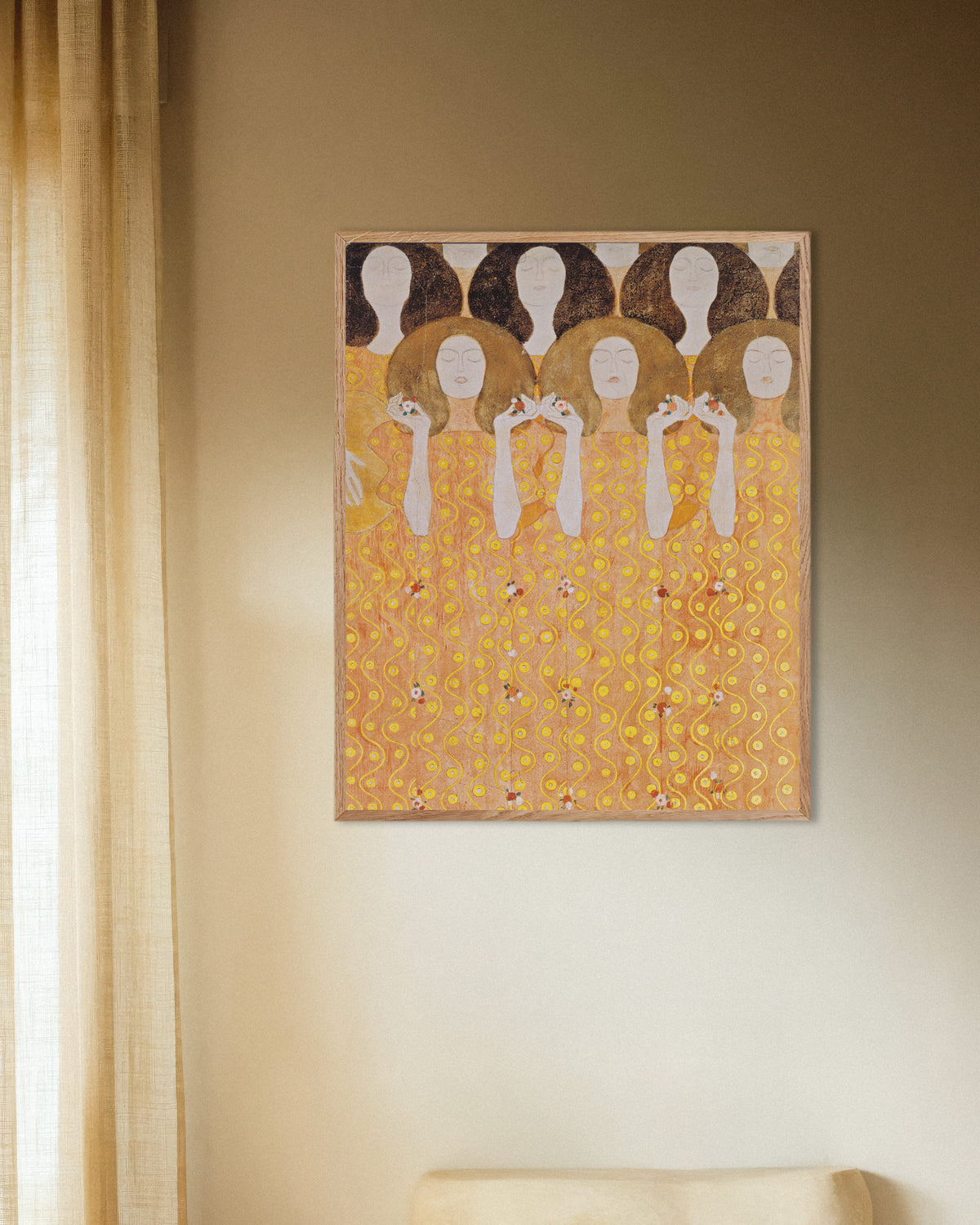 Poster of Choir of Angels, Beethoven Frieze (1902) by Gustav Klimt, with natural wooden frame