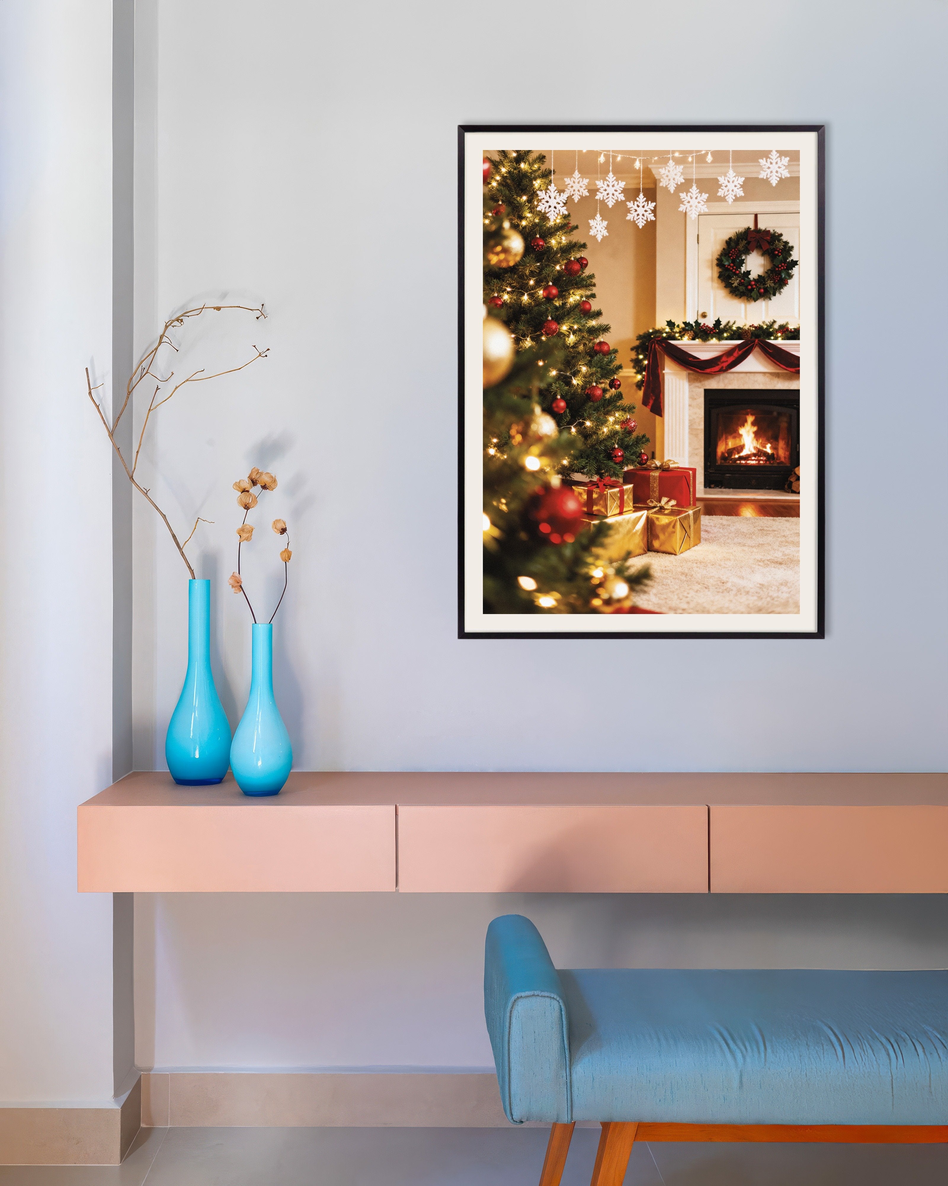 Poster of Christmas living room with fireplace poster, with metal frame
