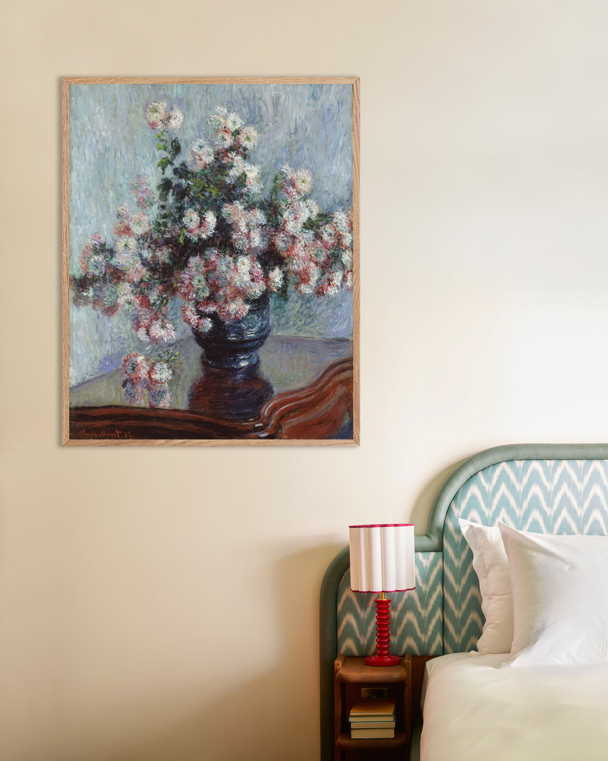 Poster of Chrysanthemums (1882) by Claude Monet, with natural wooden frame