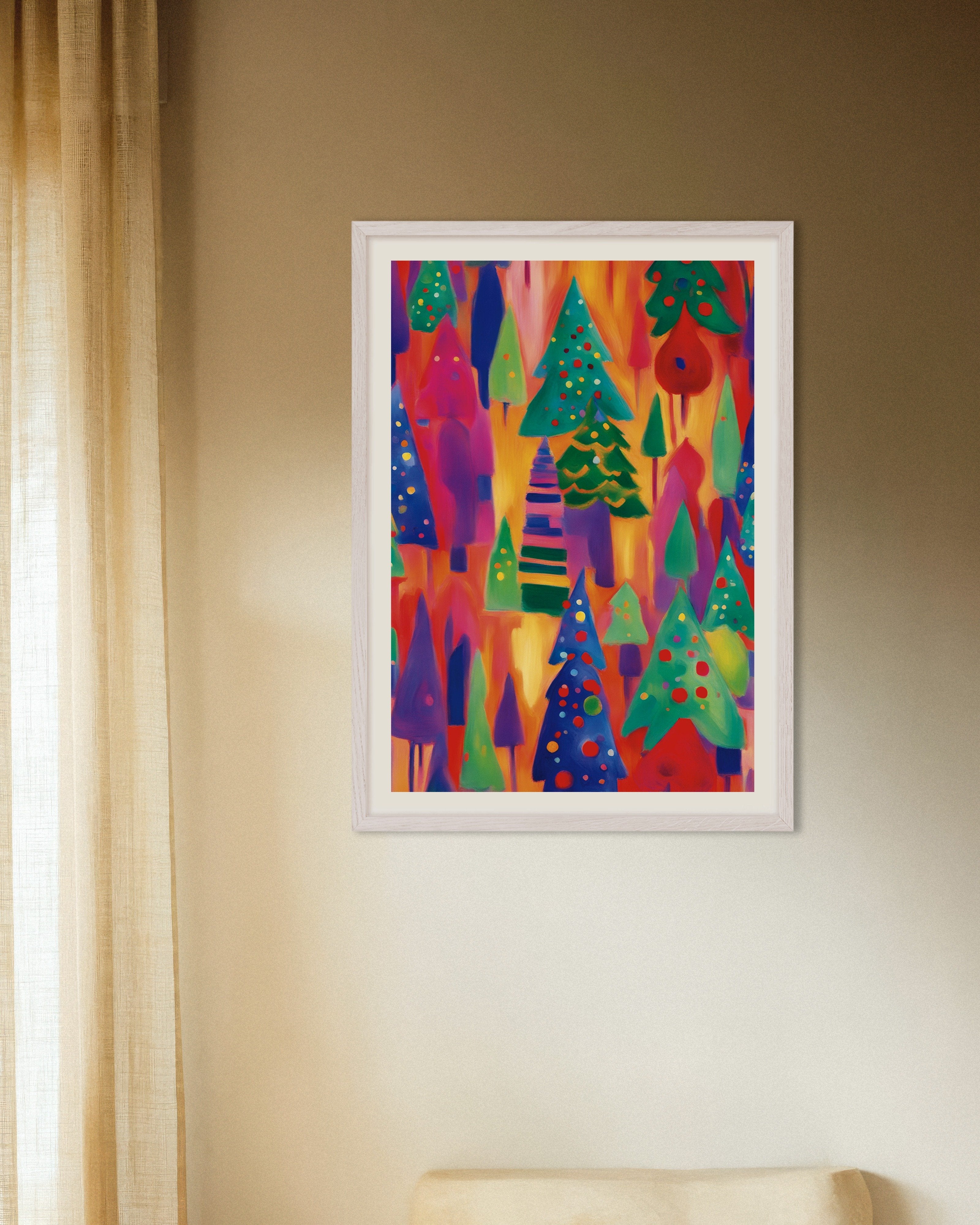 Poster of Colorful Christmas forest poster, with white wooden frame