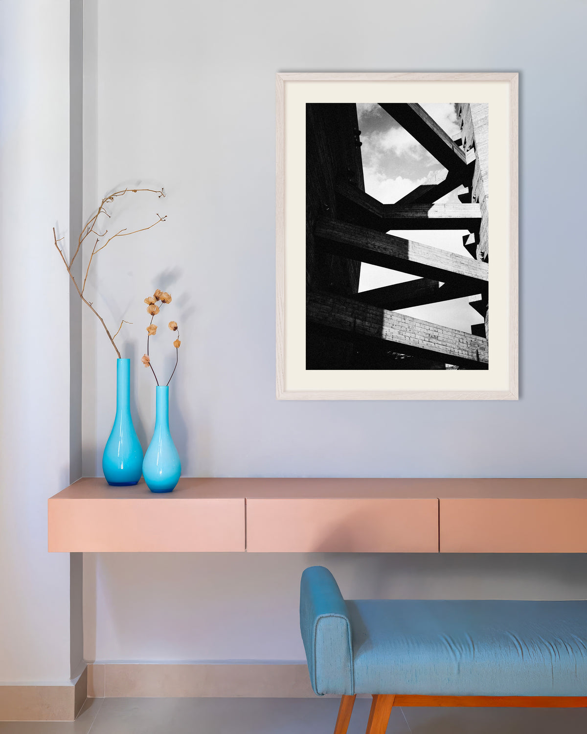 Poster of Concrete Beams Against the Sky, with white wooden frame