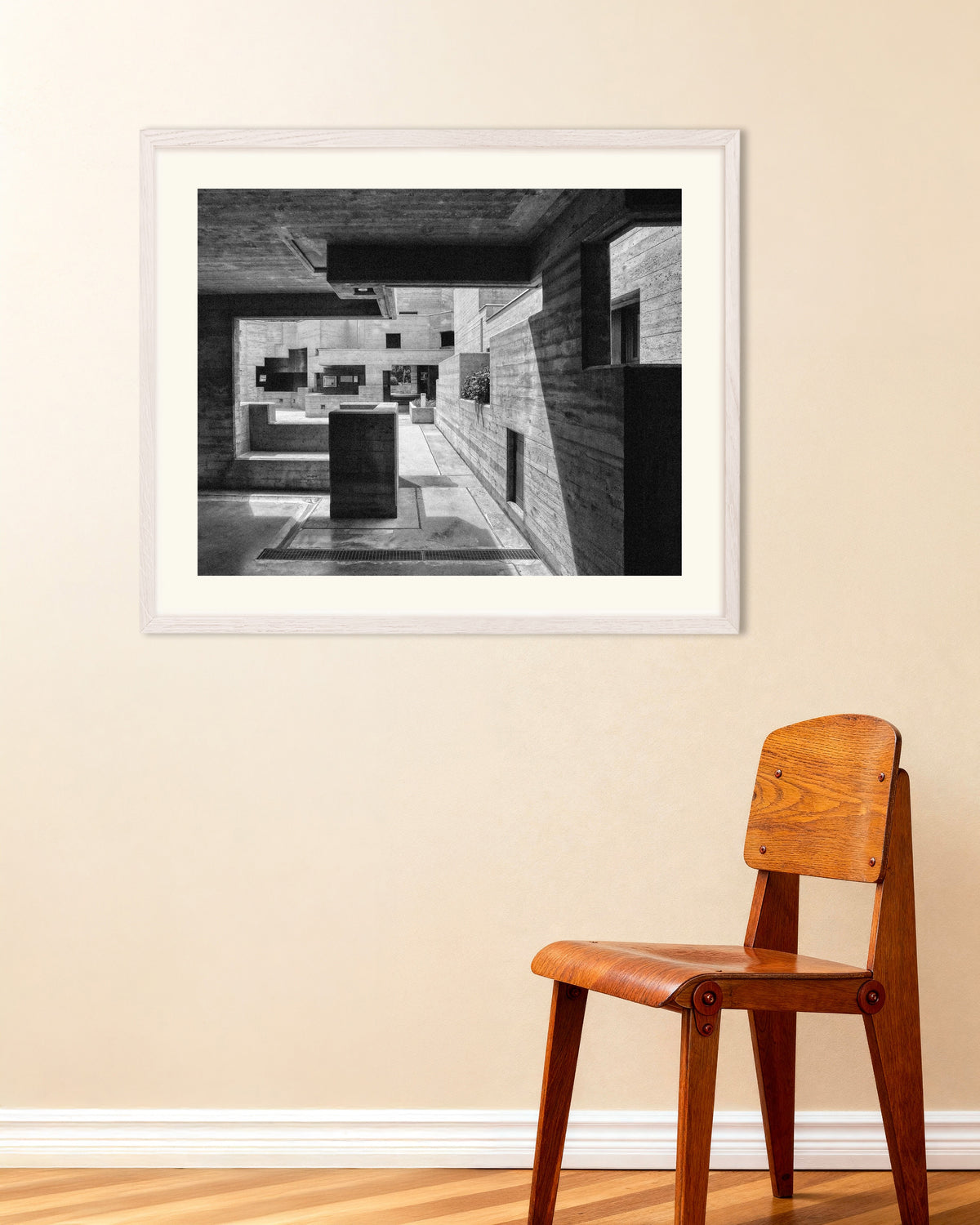 Poster of Concrete Courtyard Through a Frame, with white wooden frame
