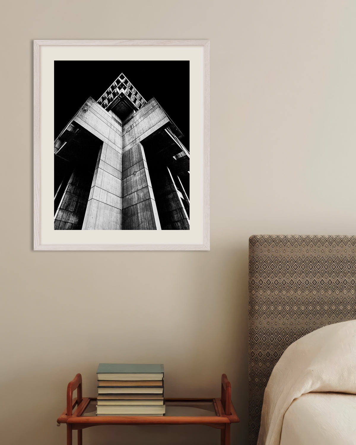 Poster of Concrete Cross Tower at Night, with white wooden frame