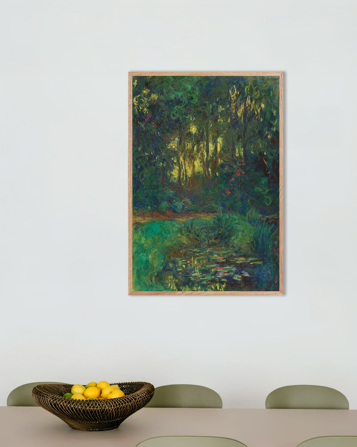 Poster of Corner of the Water Lily Pond (1918–1919) by Claude Monet, with natural wooden frame
