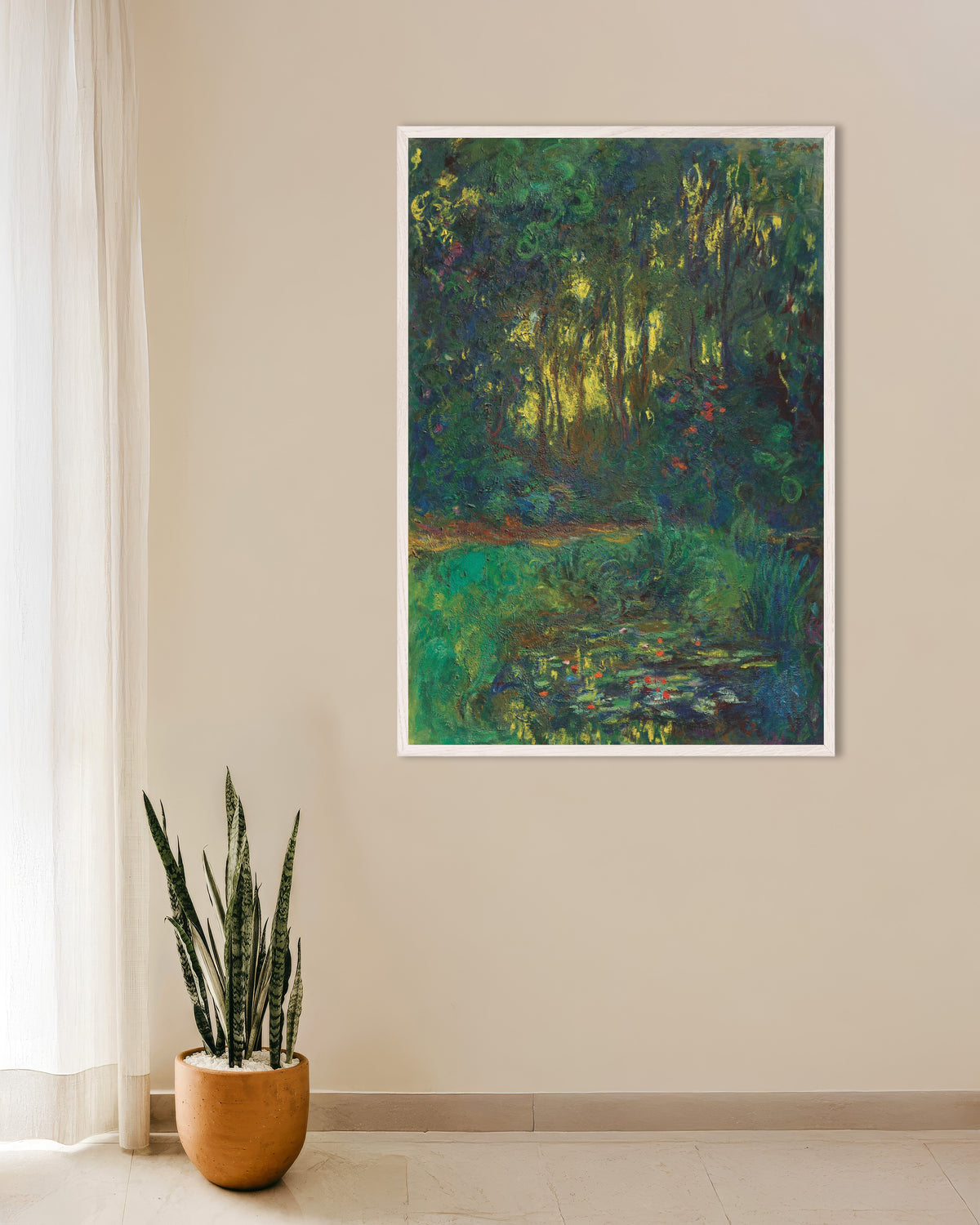 Poster of Corner of the Water Lily Pond (1918–1919) by Claude Monet, with white wooden frame