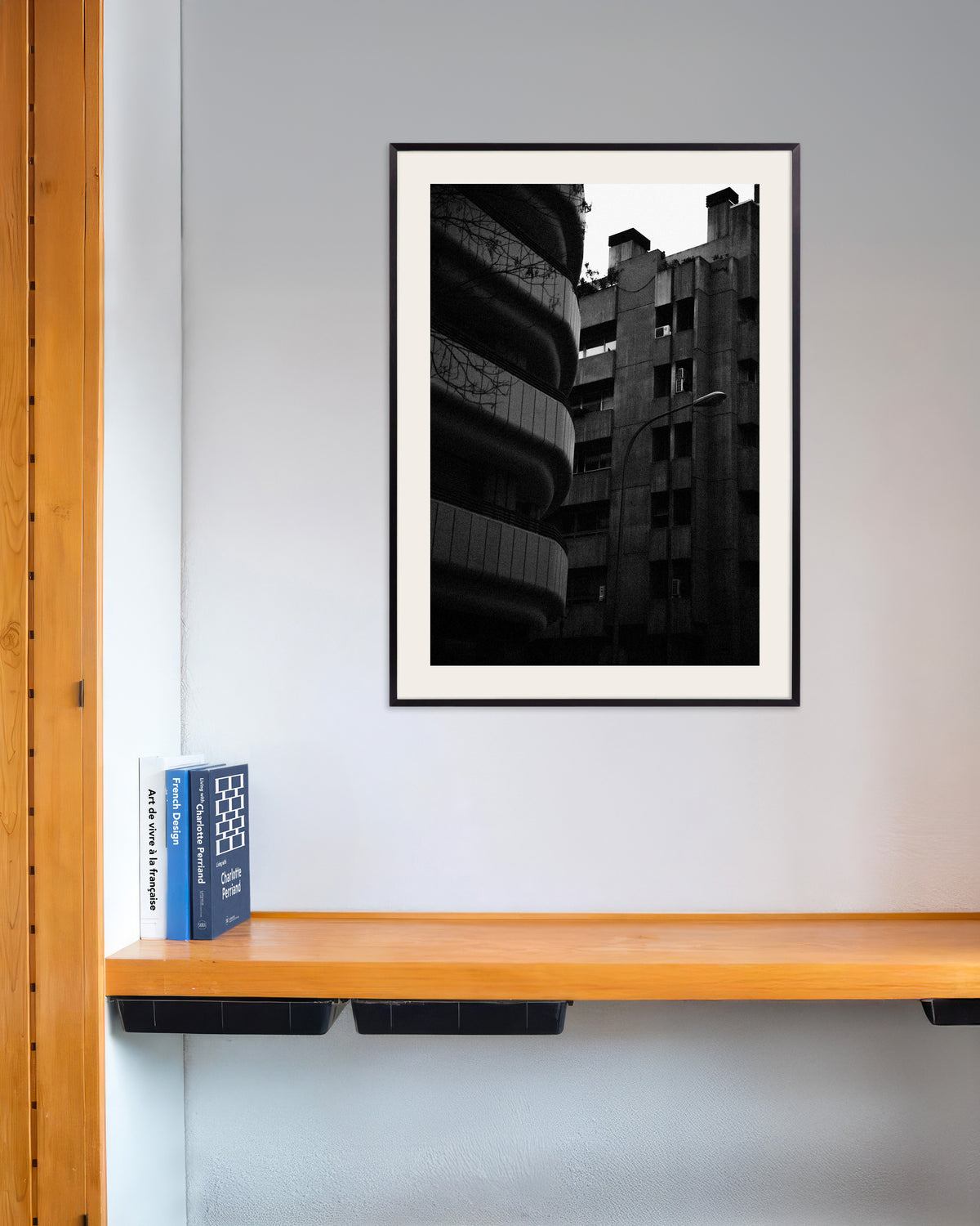 Poster of Curved Facade and Concrete Tower, with metal frame