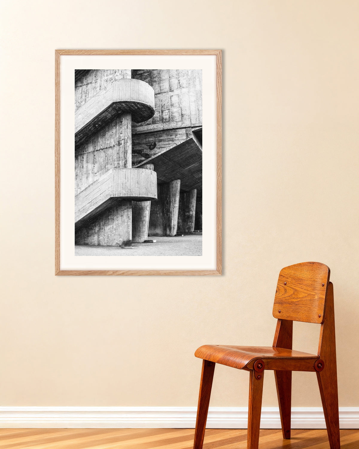 Poster of Curved Ramps and Concrete Columns, with natural wooden frame
