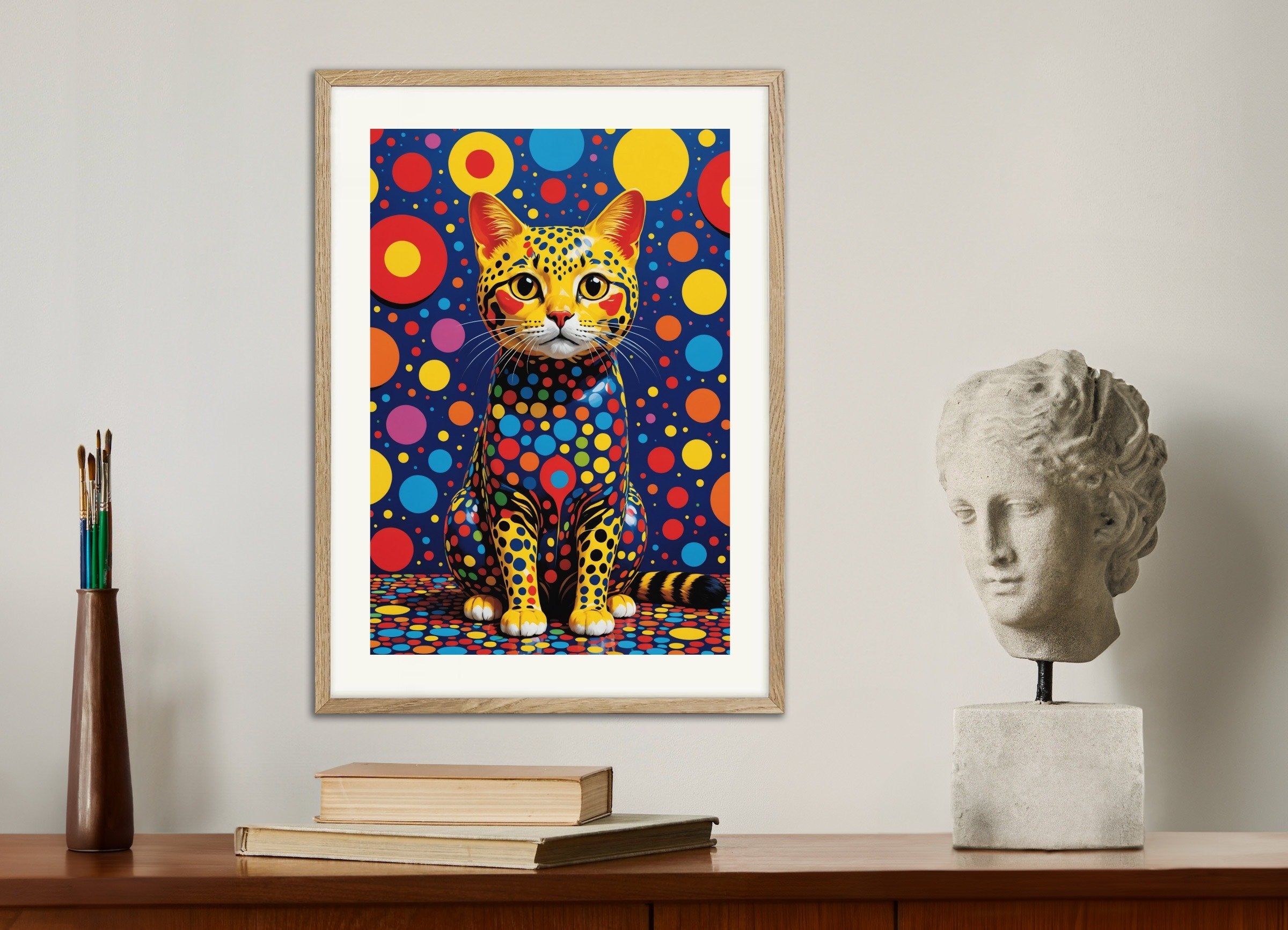 Poster of Cute and colorful kitten, with natural wooden frame