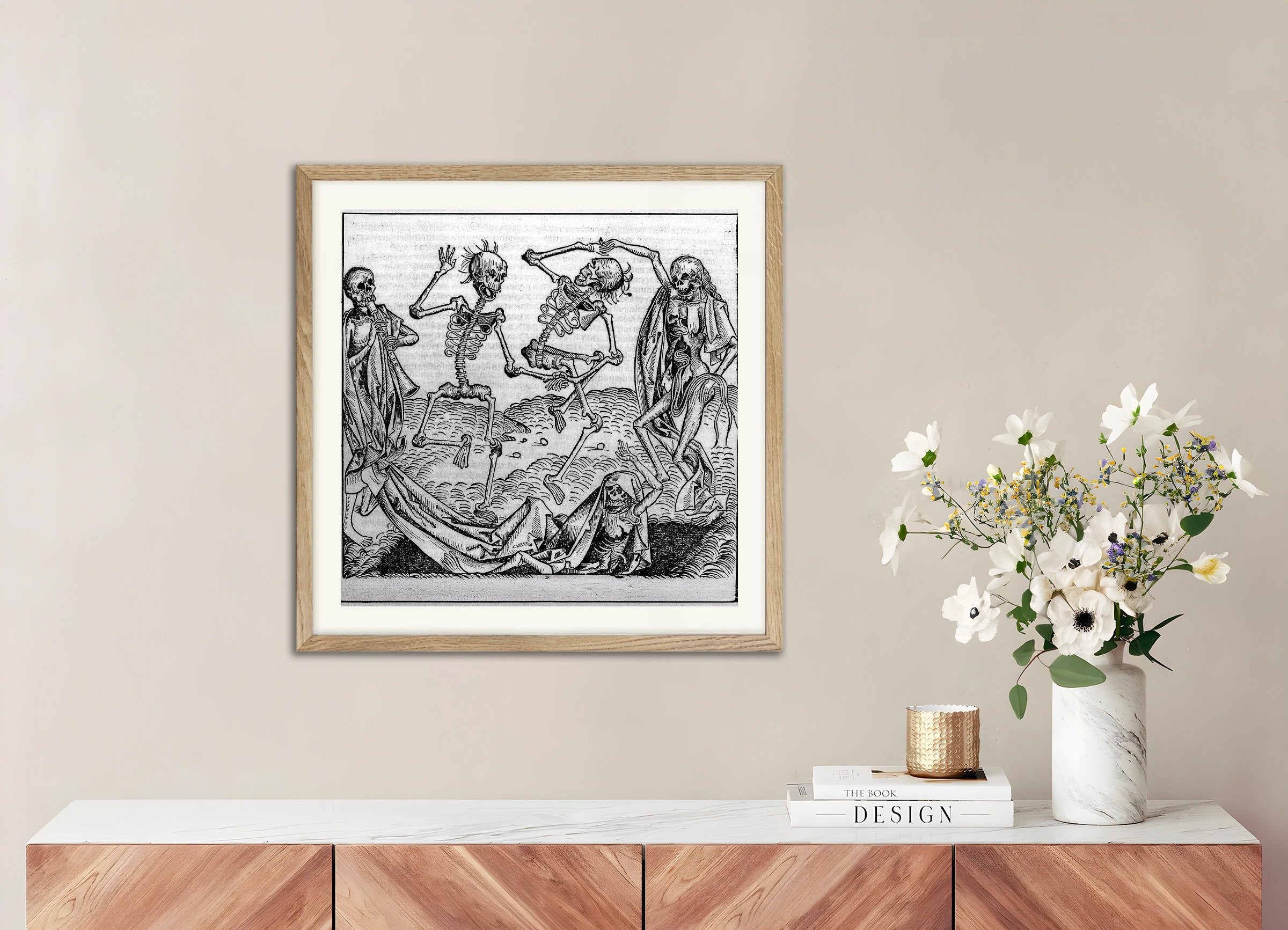 Poster of Danse Macabre - Liber chronicarum by Hartmann Schedel, 1493, with natural wooden frame