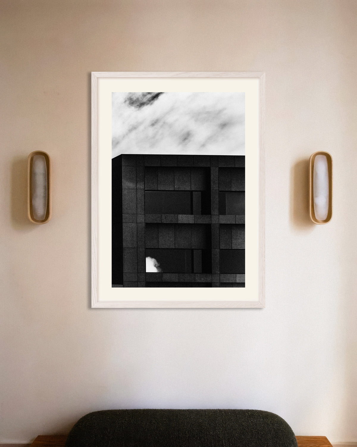 Poster of Dark Facade and Passing Cloud, with white wooden frame