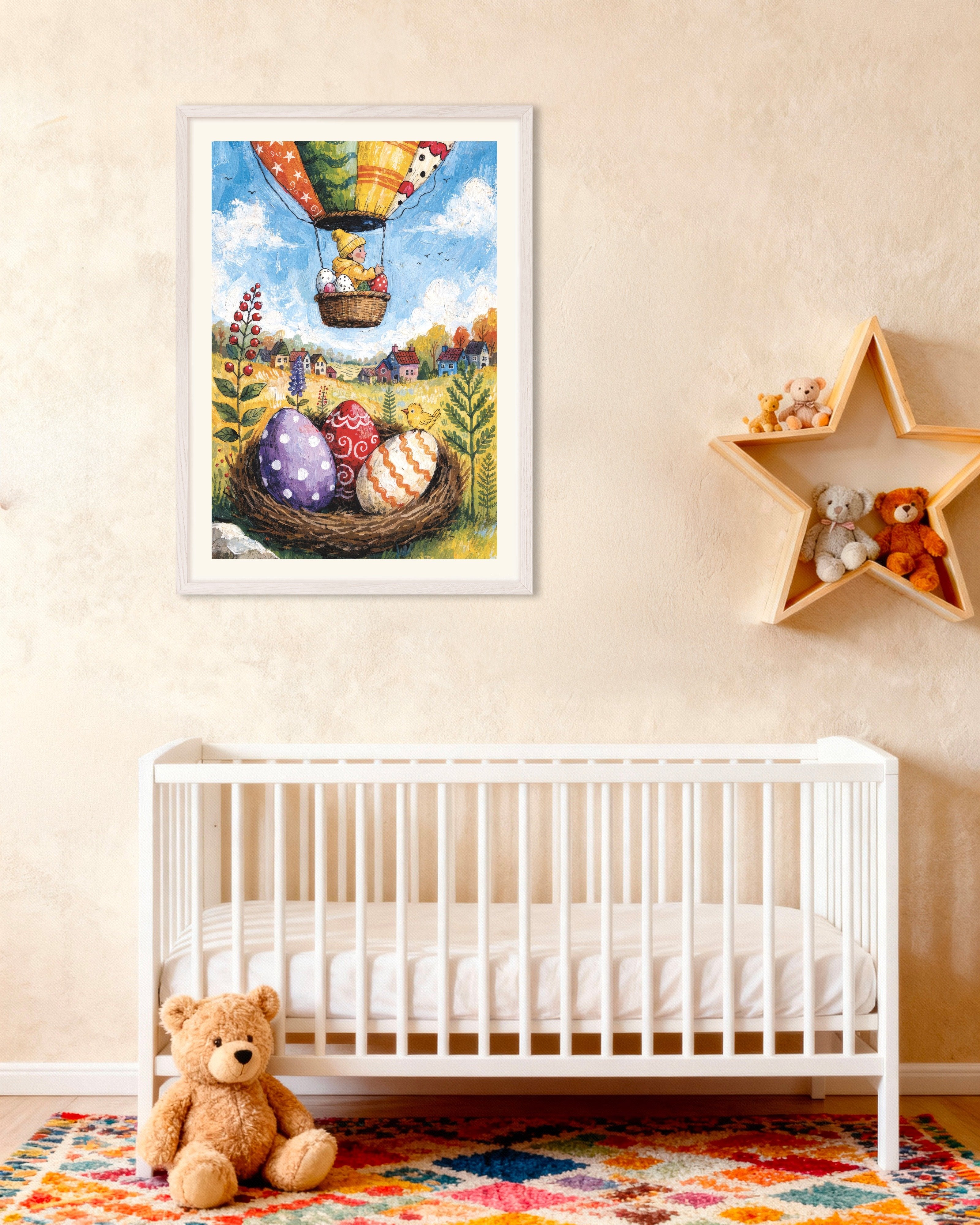 Poster of Easter Balloon Ride with Painted Eggs Poster, with white wooden frame