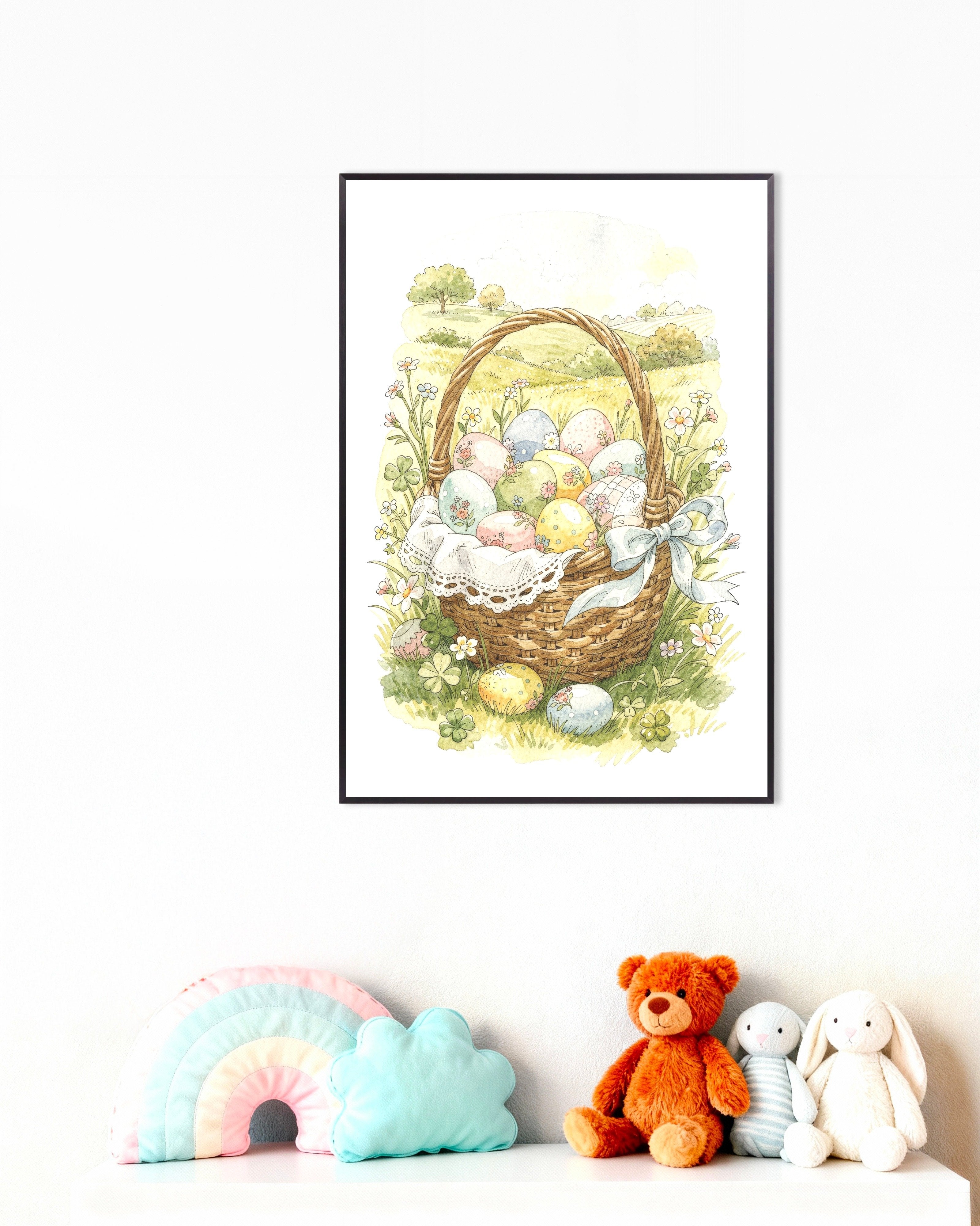 Poster of Easter Basket Meadow - Pastel Watercolor Poster, with metal frame