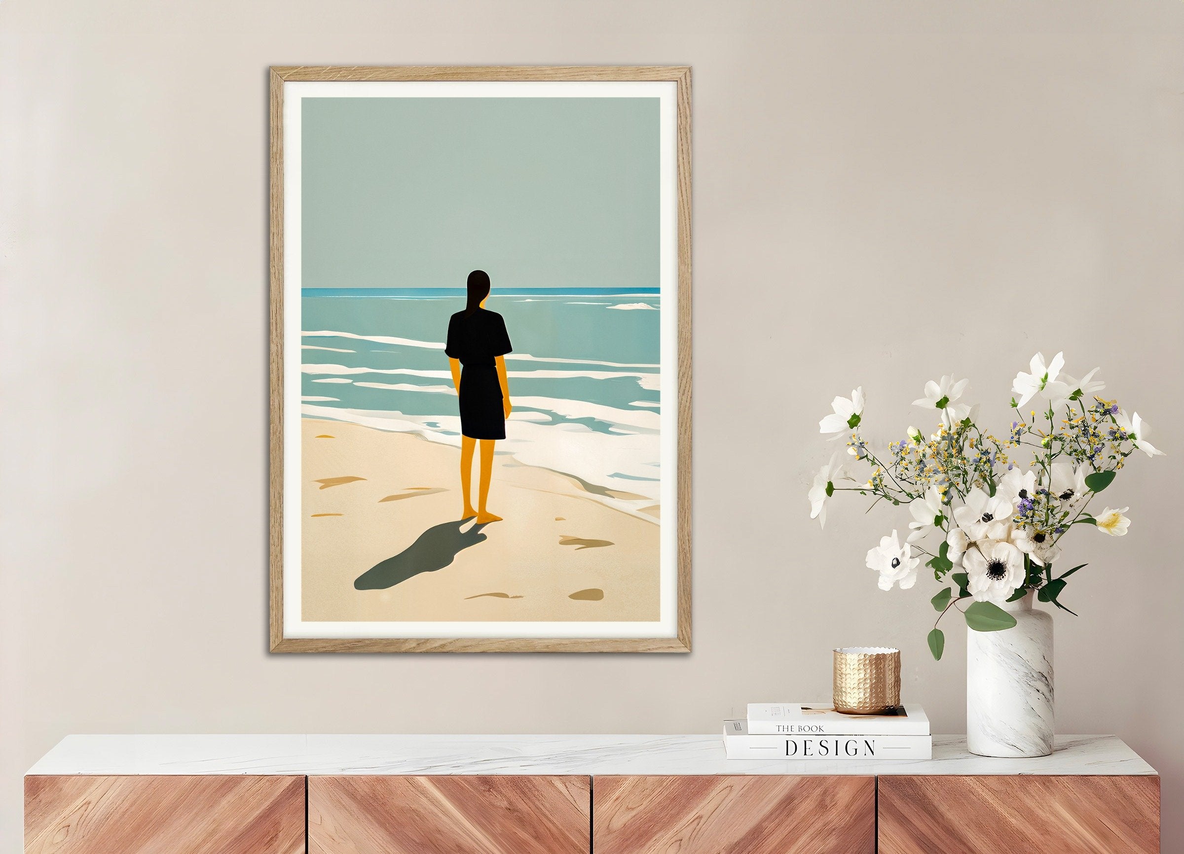 Poster of Erika on the Beach - Art Print, with natural wooden frame