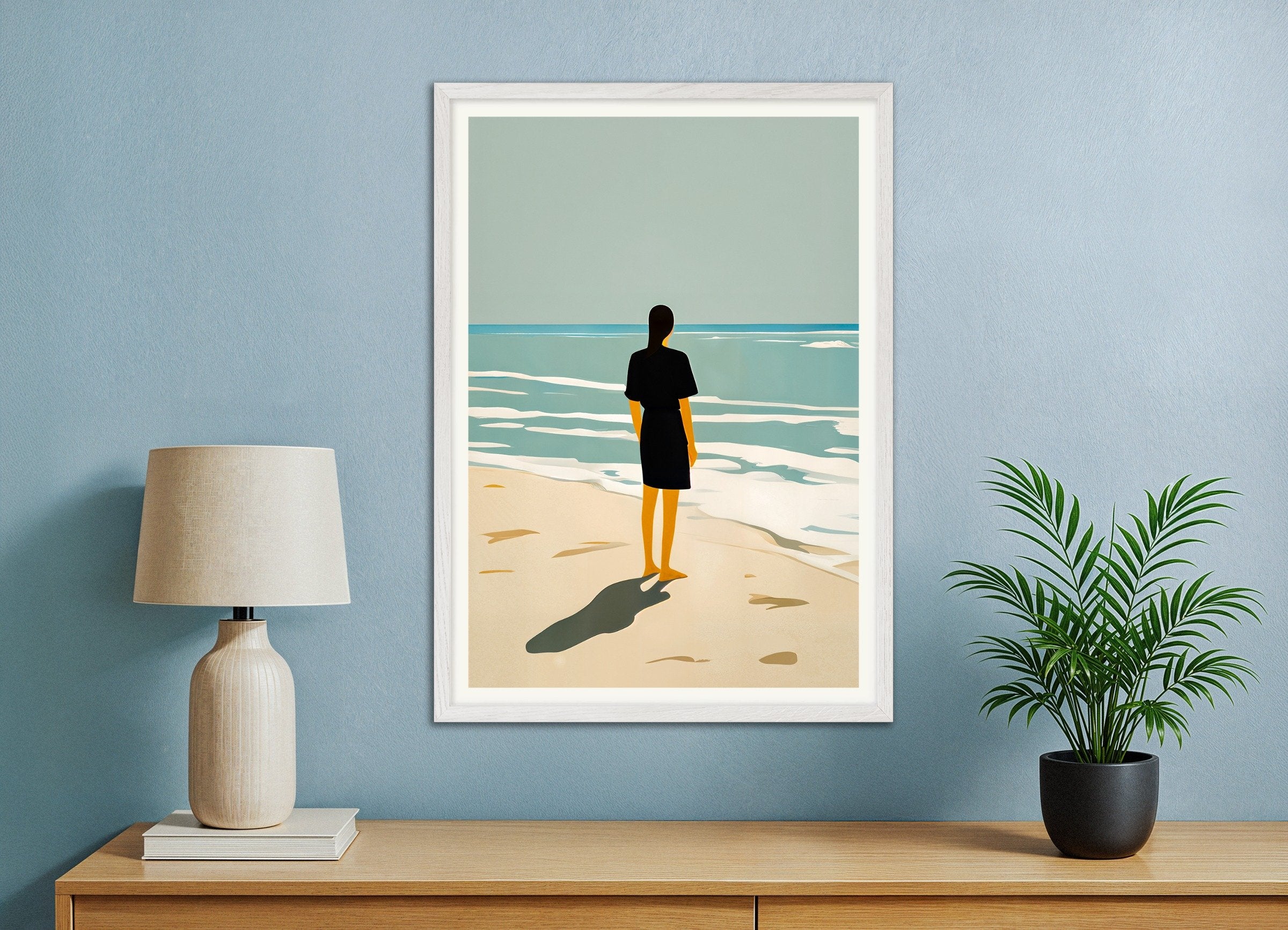 Poster of Erika on the Beach - Art Print, with white wooden frame