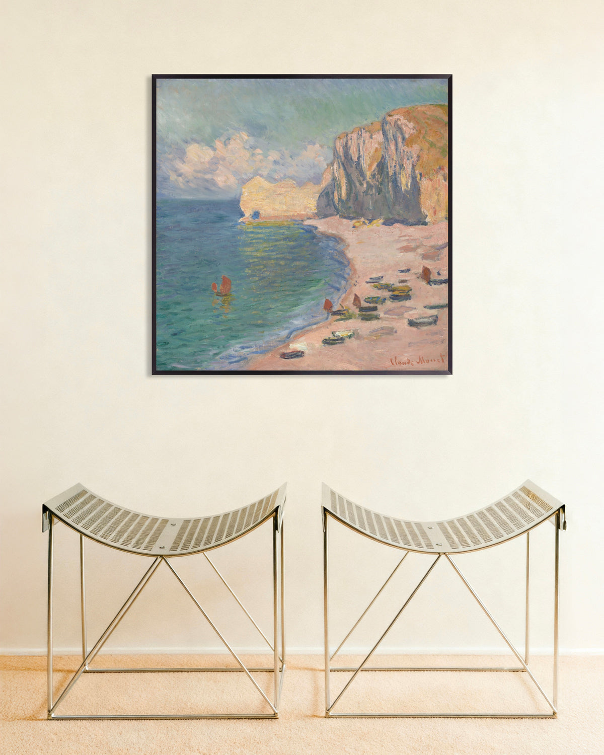 Poster of Étretat, the Beach and the Falaise d'Amont (1885) by Claude Monet, with metal frame